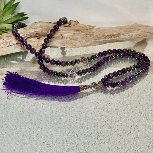 Amethyst & Hematite Mala Necklace: Harmony and Spiritual Connection