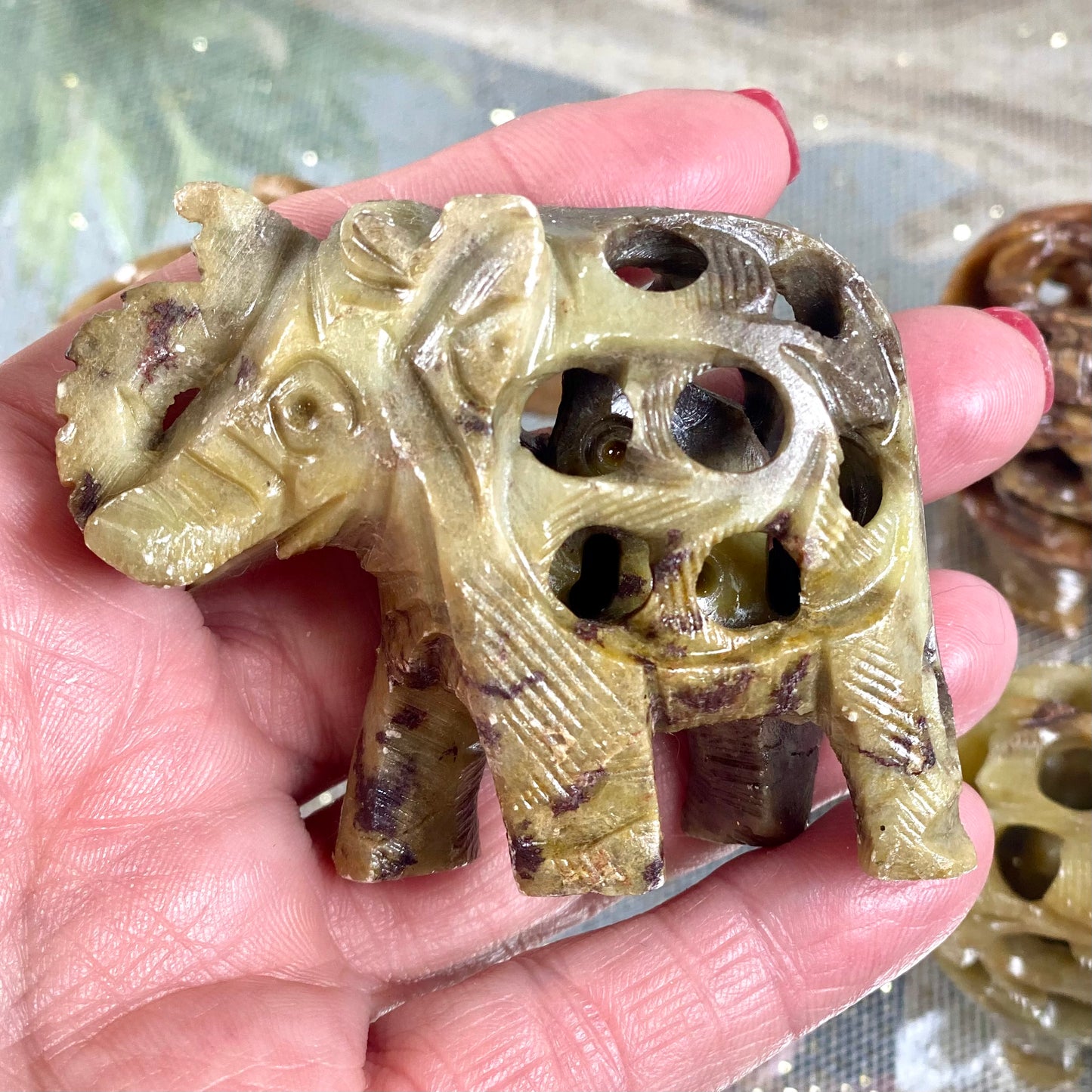 Intricate India Soapstone Elephant with Baby Inside for Peace and Calming