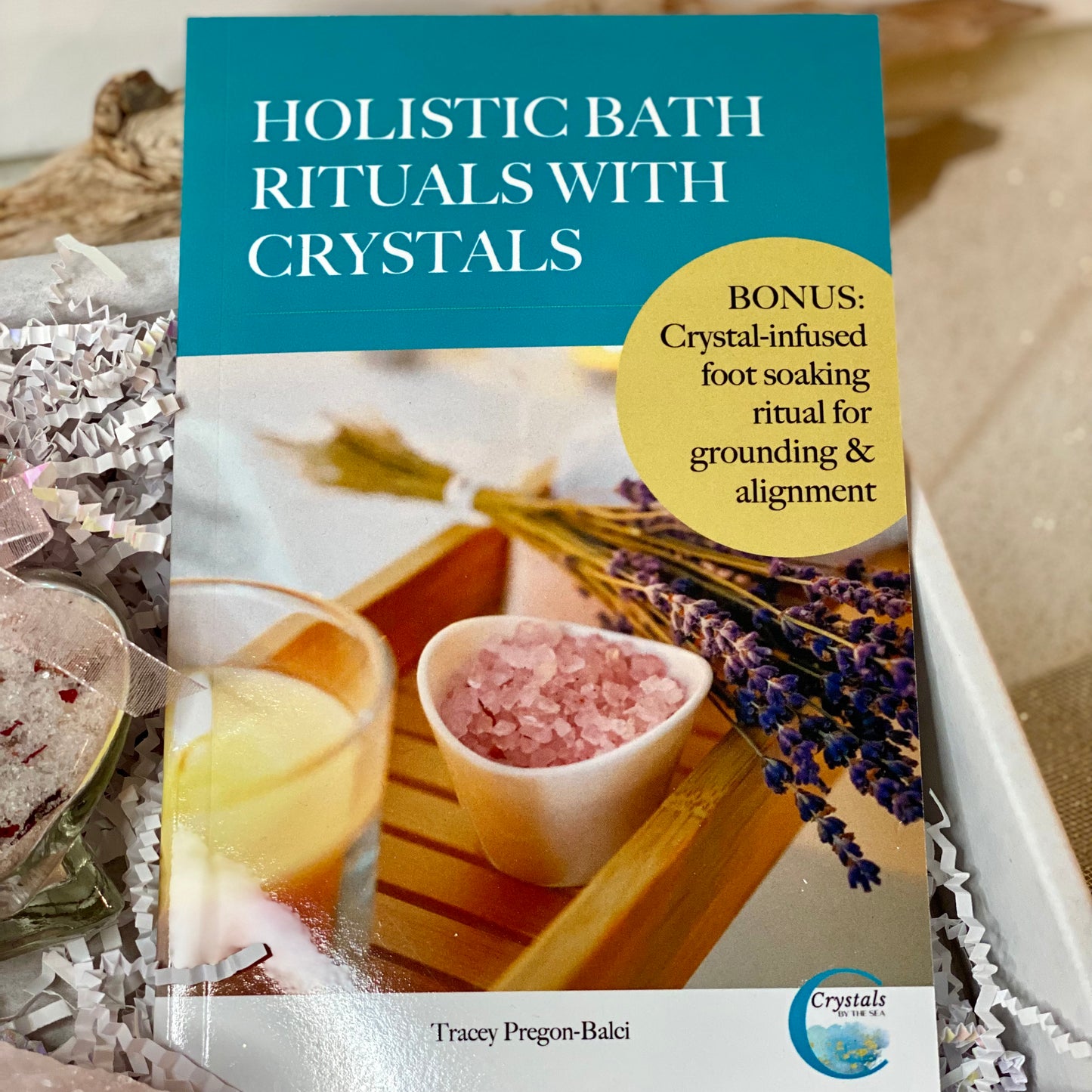 Serenity Spa Set: Rose Quartz Bath Ritual Kit with Raw Rose Quartz Chunk, Bath Salts & Book