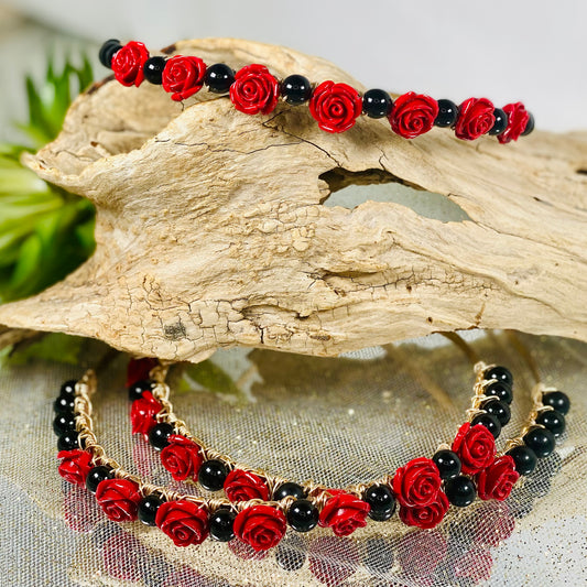 Elegant Black Obsidian Crystal Headband with Red Faux Roses