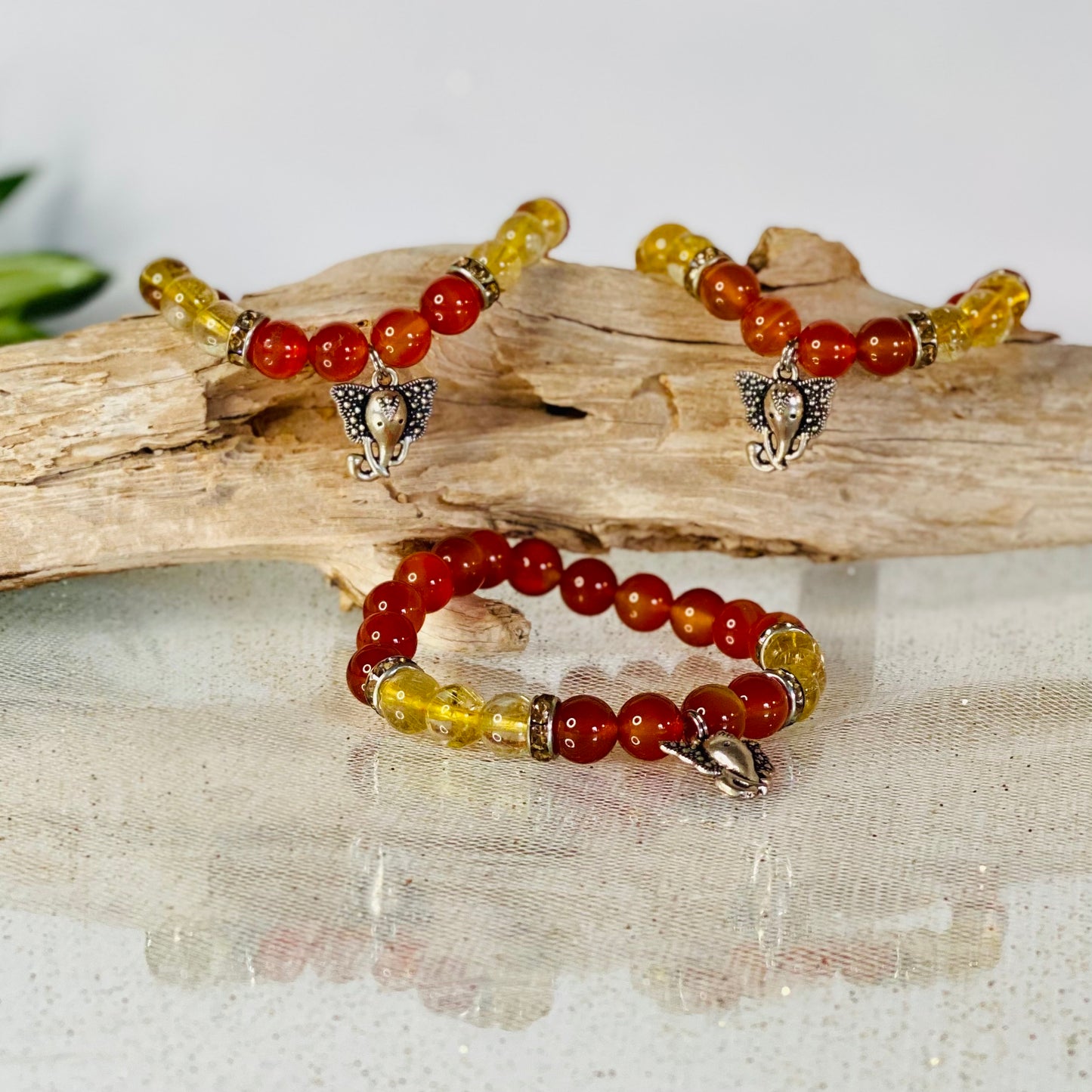 Carnelian & Gold Rutilated Quartz Bracelet with Ganesha