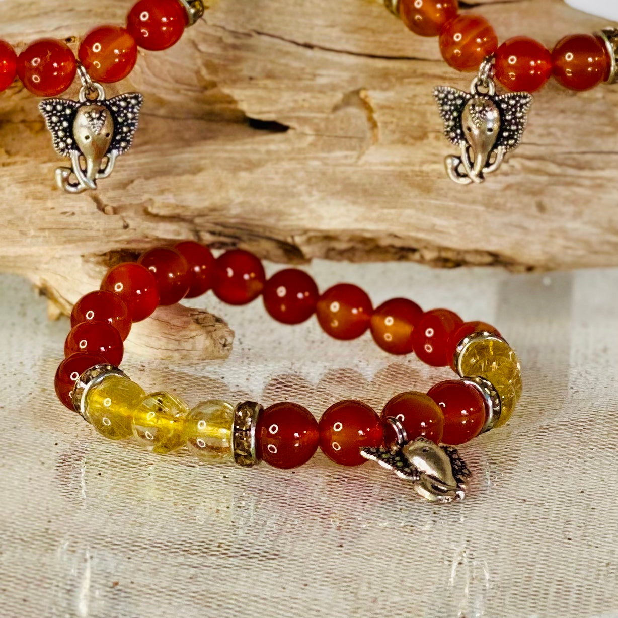 Carnelian & Gold Rutilated Quartz Bracelet with Ganesha