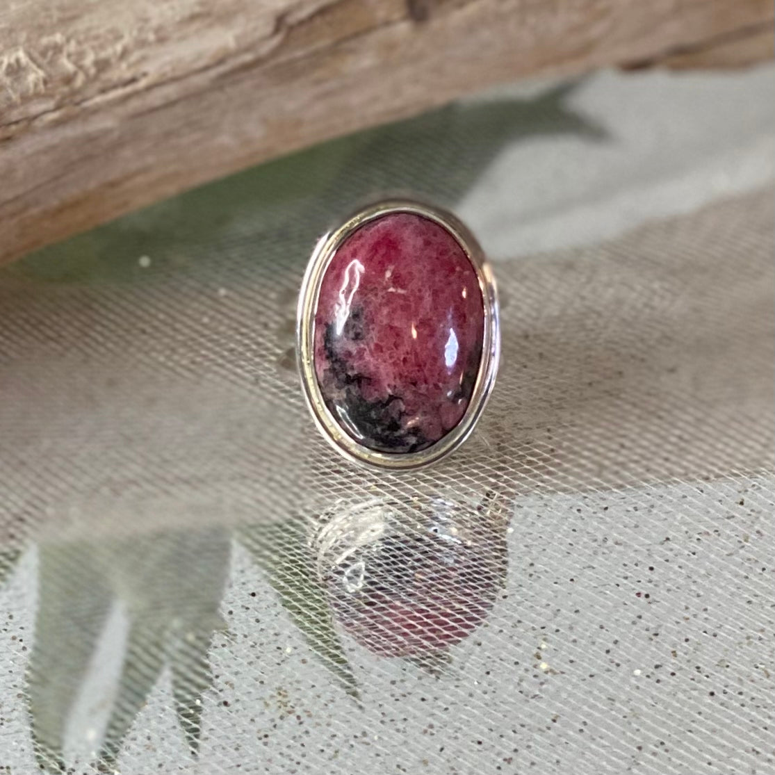 Elegance in Pink: Rhodonite Ring in Sterling Silver - Size 8.75