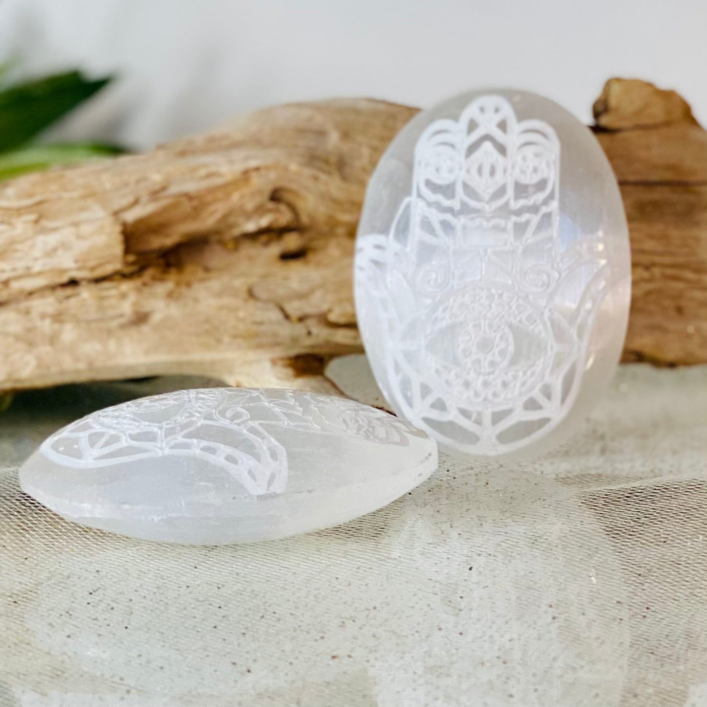 Selenite Hamsa Engraved Small Palm Stones for Harmony and Protection