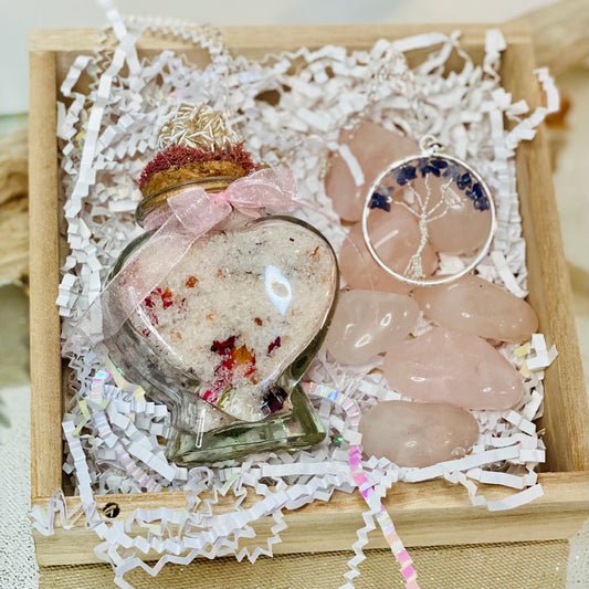 Harmony and Love Gift Set: Heart-Shaped Bath Salts with Desert Rose Crystal, Rose Quartz Tumbled Stones, and Tree of Life Necklace