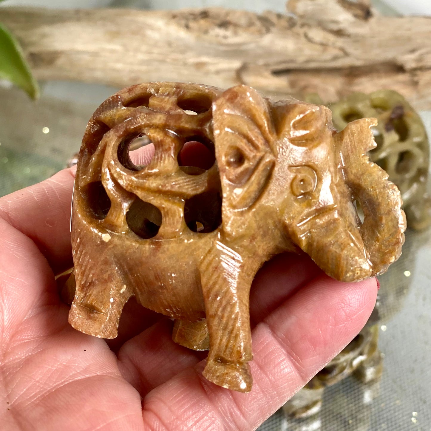 Intricate India Soapstone Elephant with Baby Inside for Peace and Calming