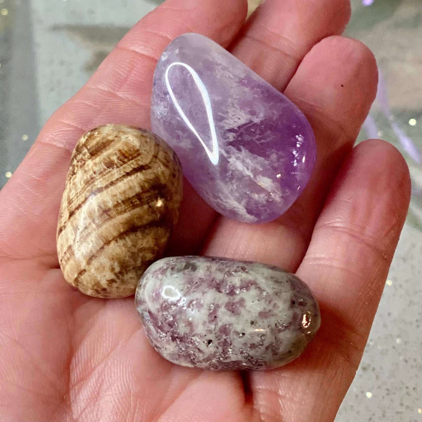 Tranquil Harmony Trio: Amethyst, Aragonite, and Lepidolite Crystal Set for Stress Relief