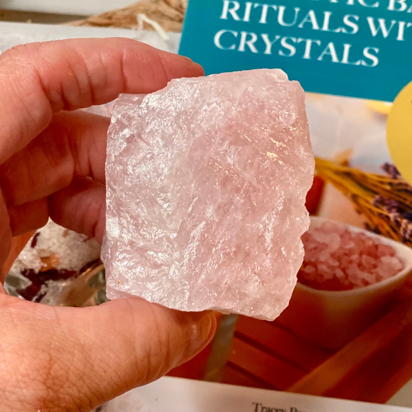 Serenity Spa Set: Rose Quartz Bath Ritual Kit with Raw Rose Quartz Chunk, Bath Salts & Book