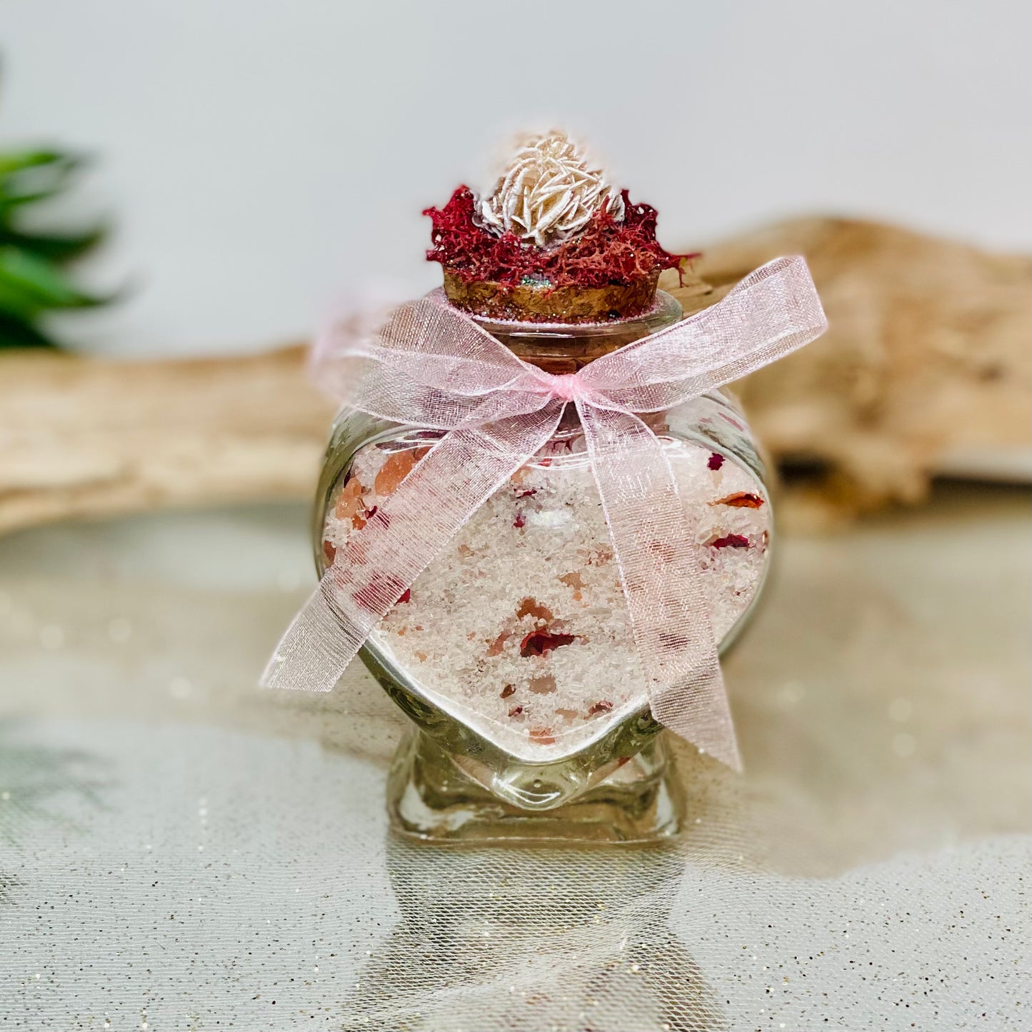 Harmony and Love Gift Set: Heart-Shaped Bath Salts with Desert Rose Crystal, Rose Quartz Tumbled Stones, and Tree of Life Necklace