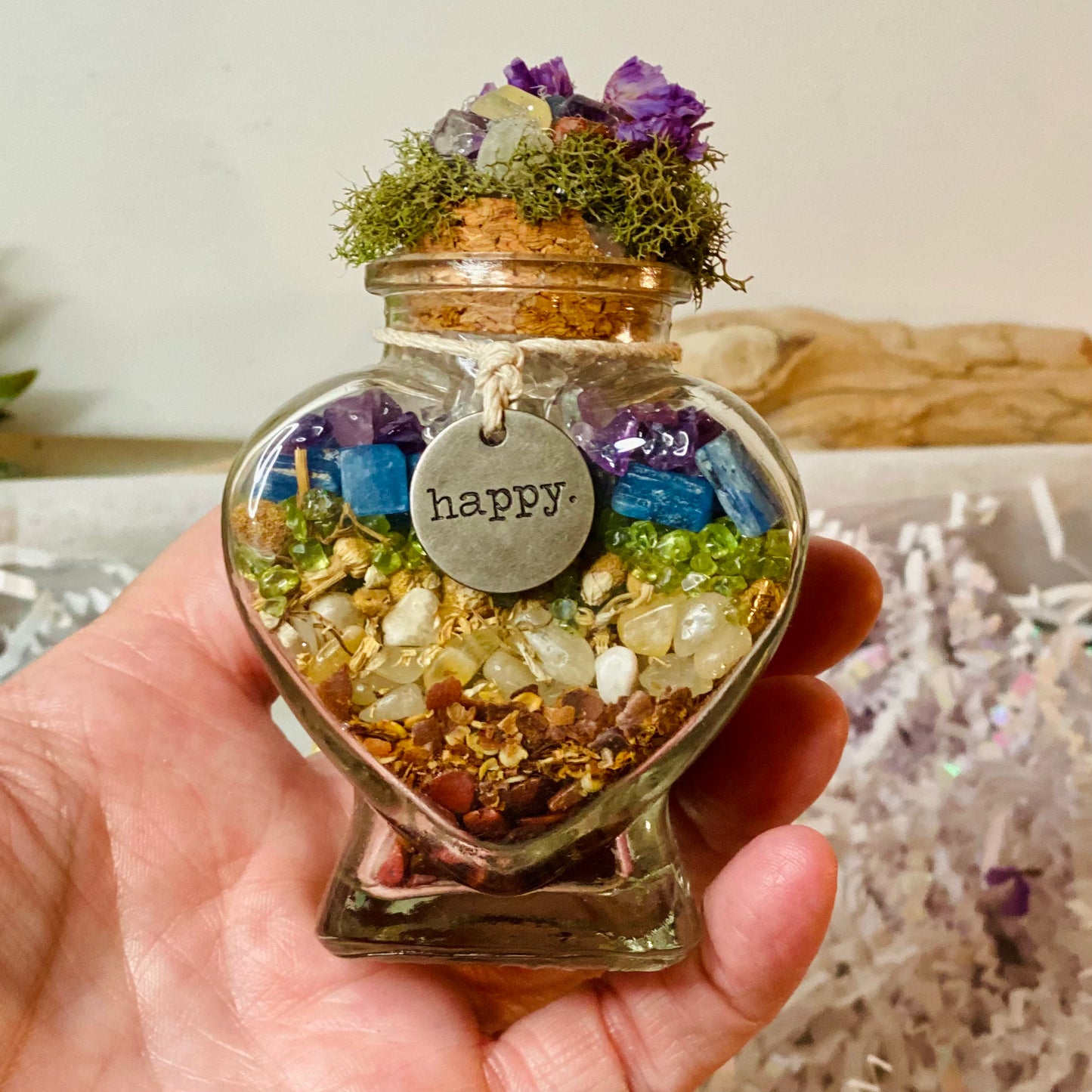 Serenity & Spirit Happy Harmony Gift Set: Sage Bundle, Amethyst Druzy Necklace, and Chakra Crystal Infused Heart Jar