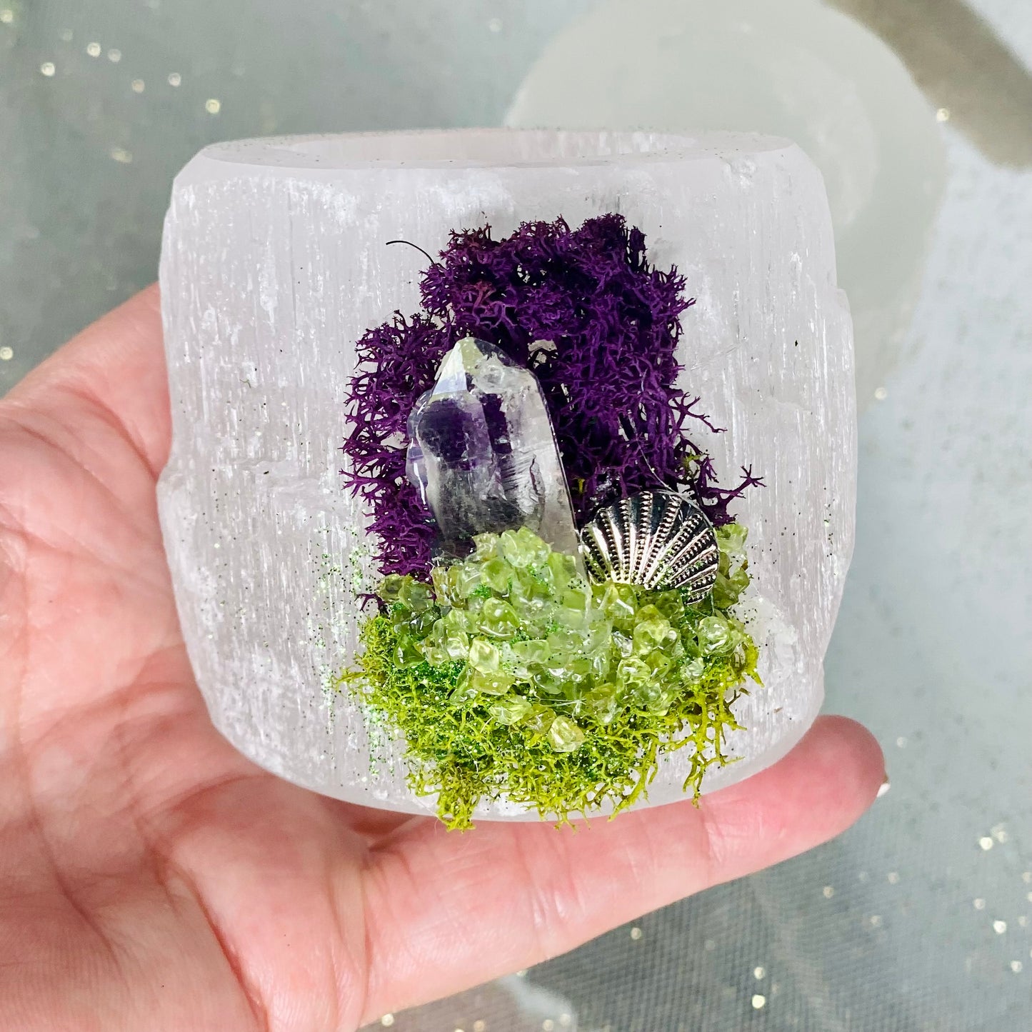 Beach-Themed Small Selenite Candle Holder Decorated with Fluorite & Peridot Crystal Chips