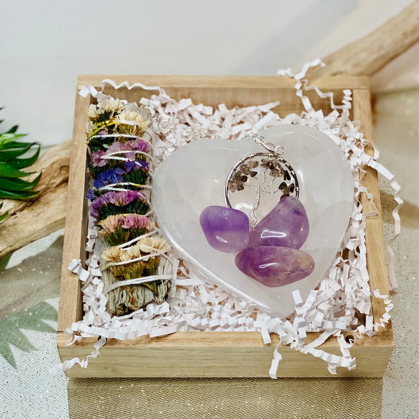 Serenity Bliss Gift Set: Heart Shaped Selenite Bowl, Amethyst Crystals, Purple Sage Bundle, and Amethyst Chip Tree of Life Necklace