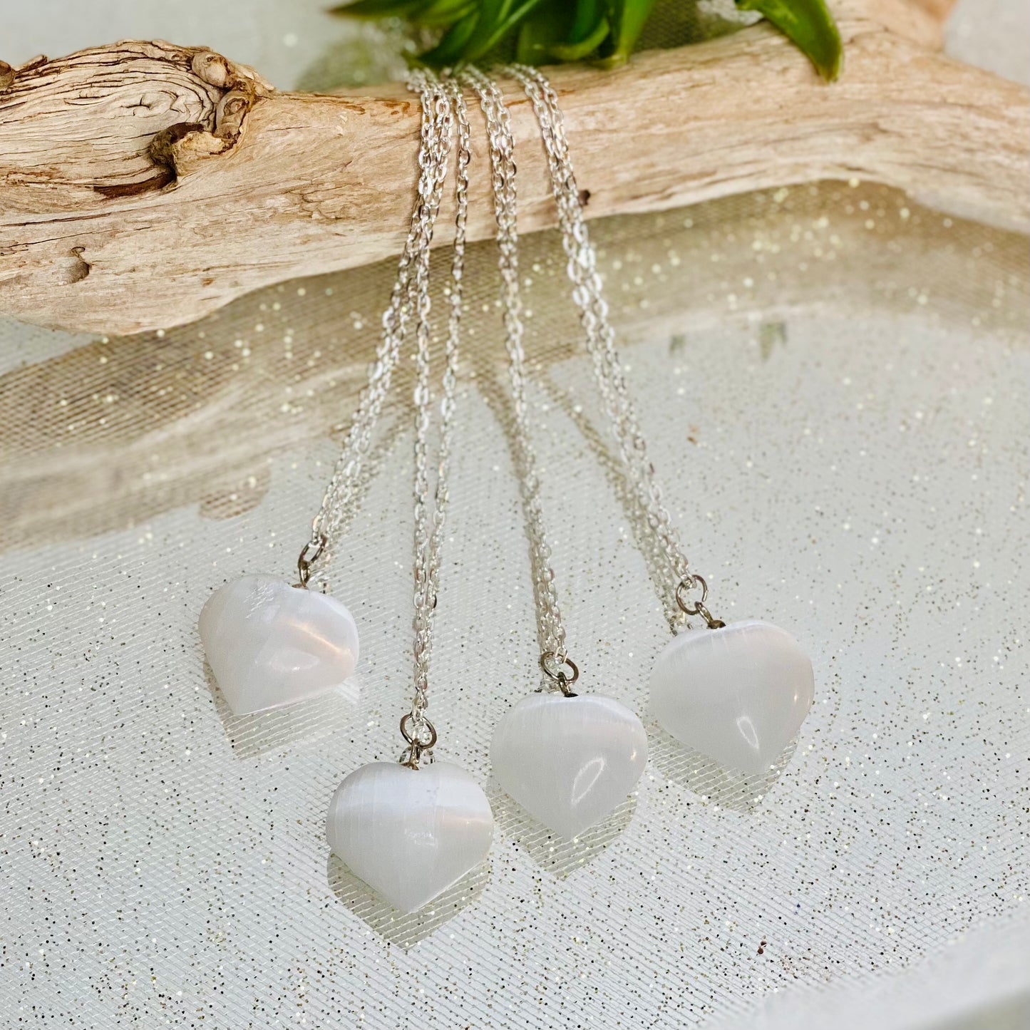 Selenite Crystal Heart Necklace with 18” Chain for Serenity and Peace