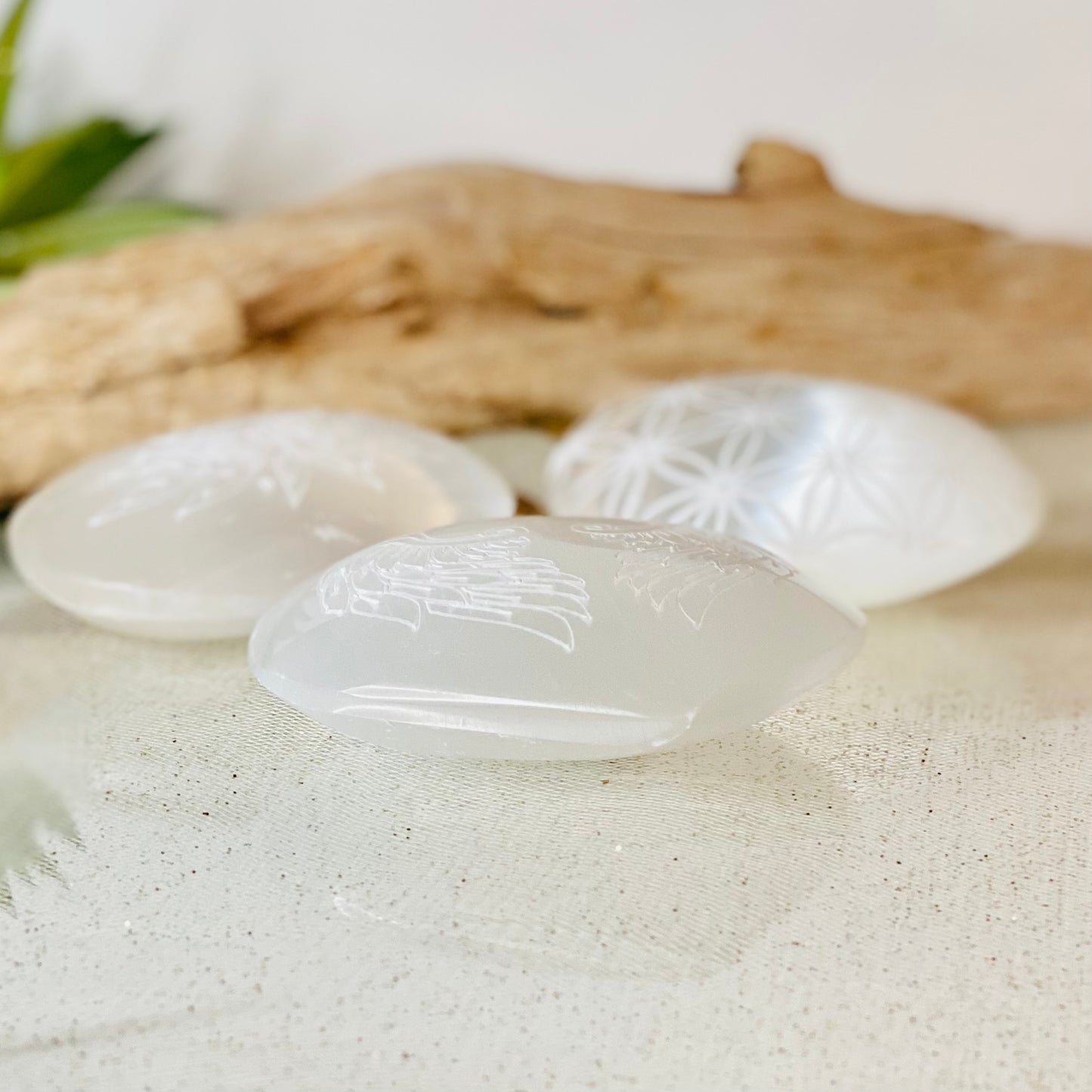 Selenite Carved Hearts & Palm Stones