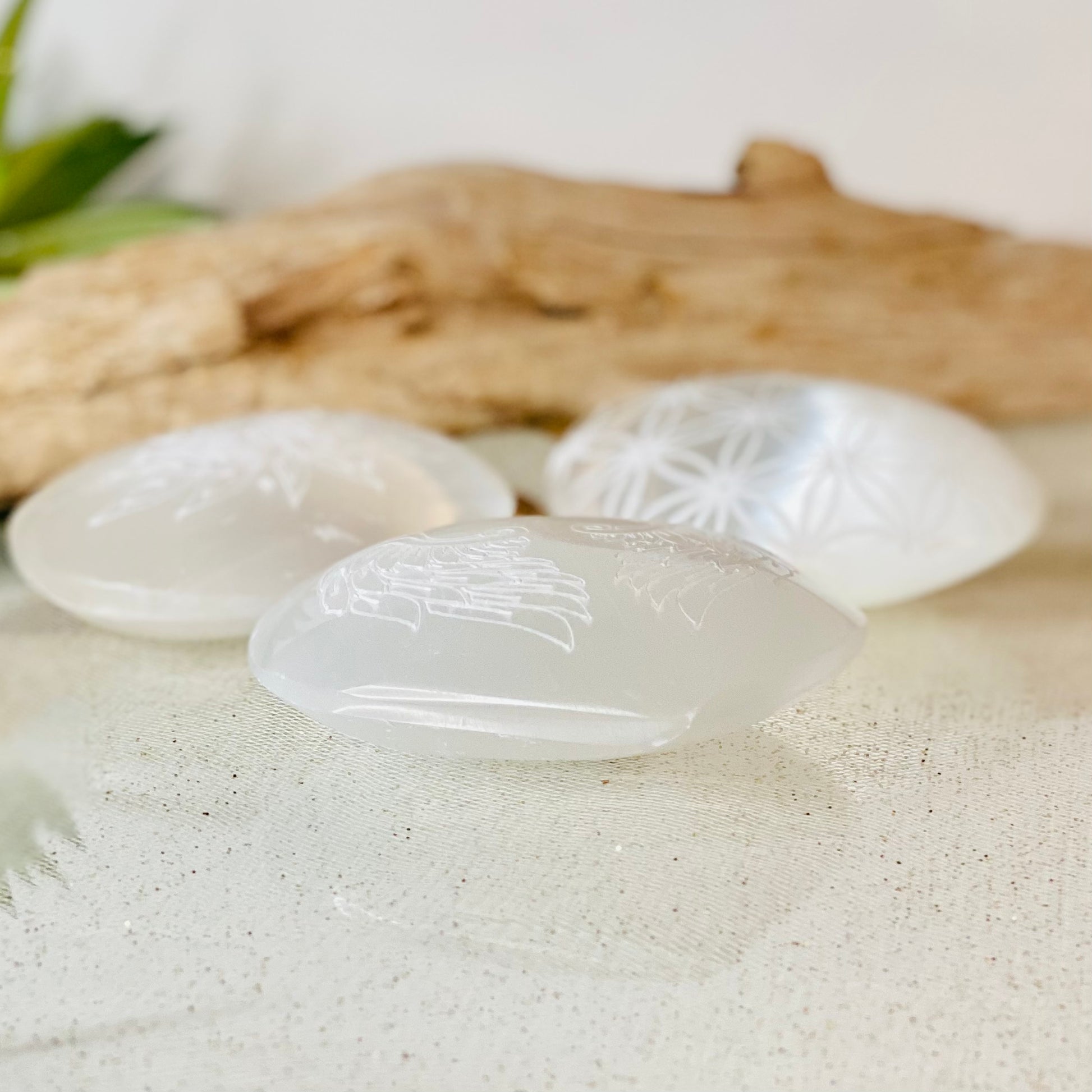 Selenite Carved Hearts & Palm Stones