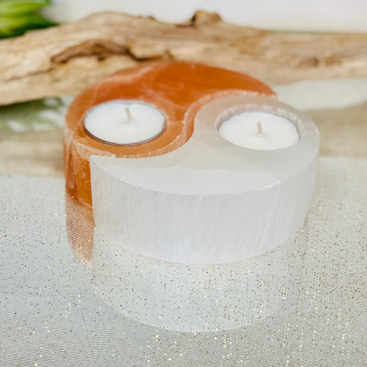 Orange & White Ying Yang Selenite Candle Holders