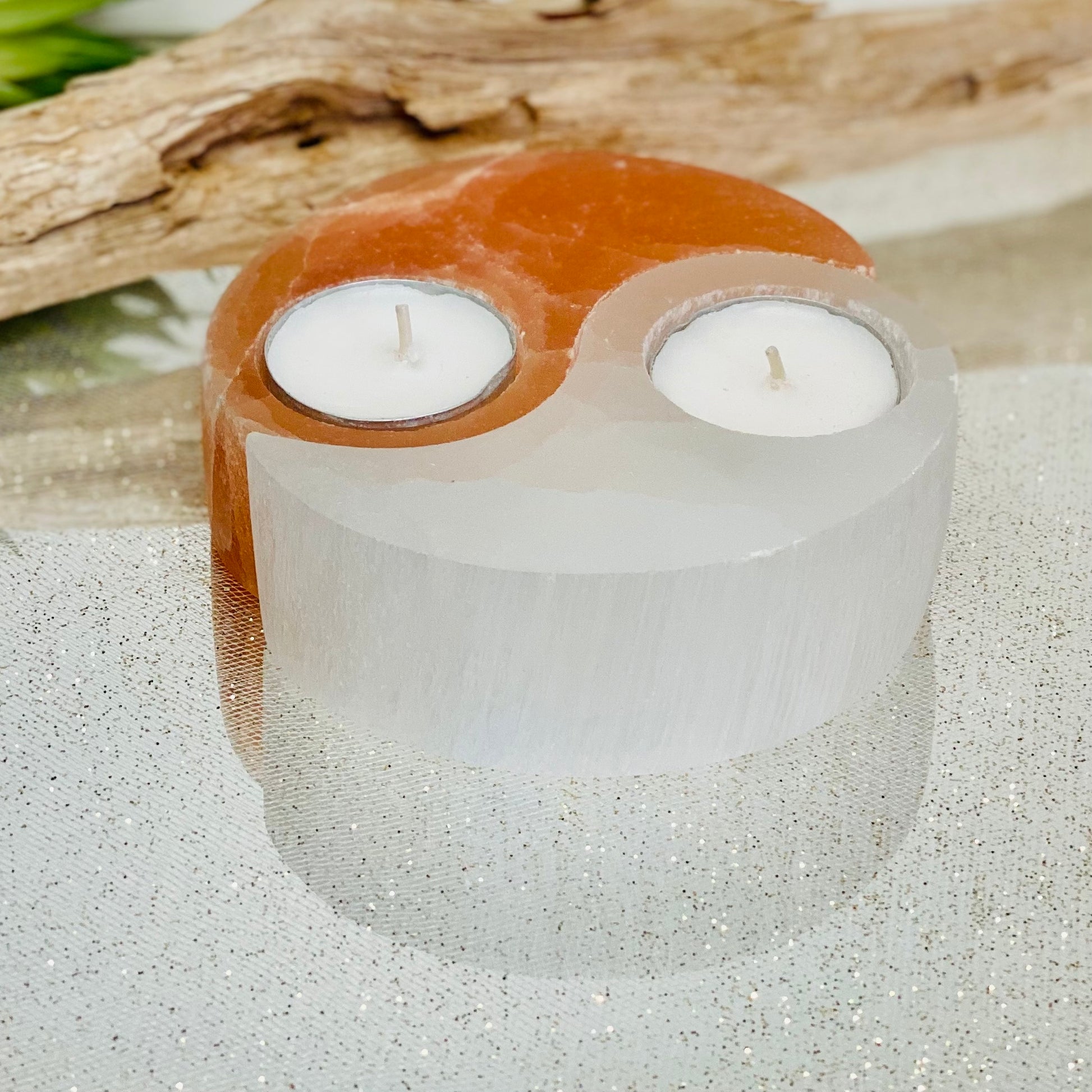Orange & White Ying Yang Selenite Candle Holders