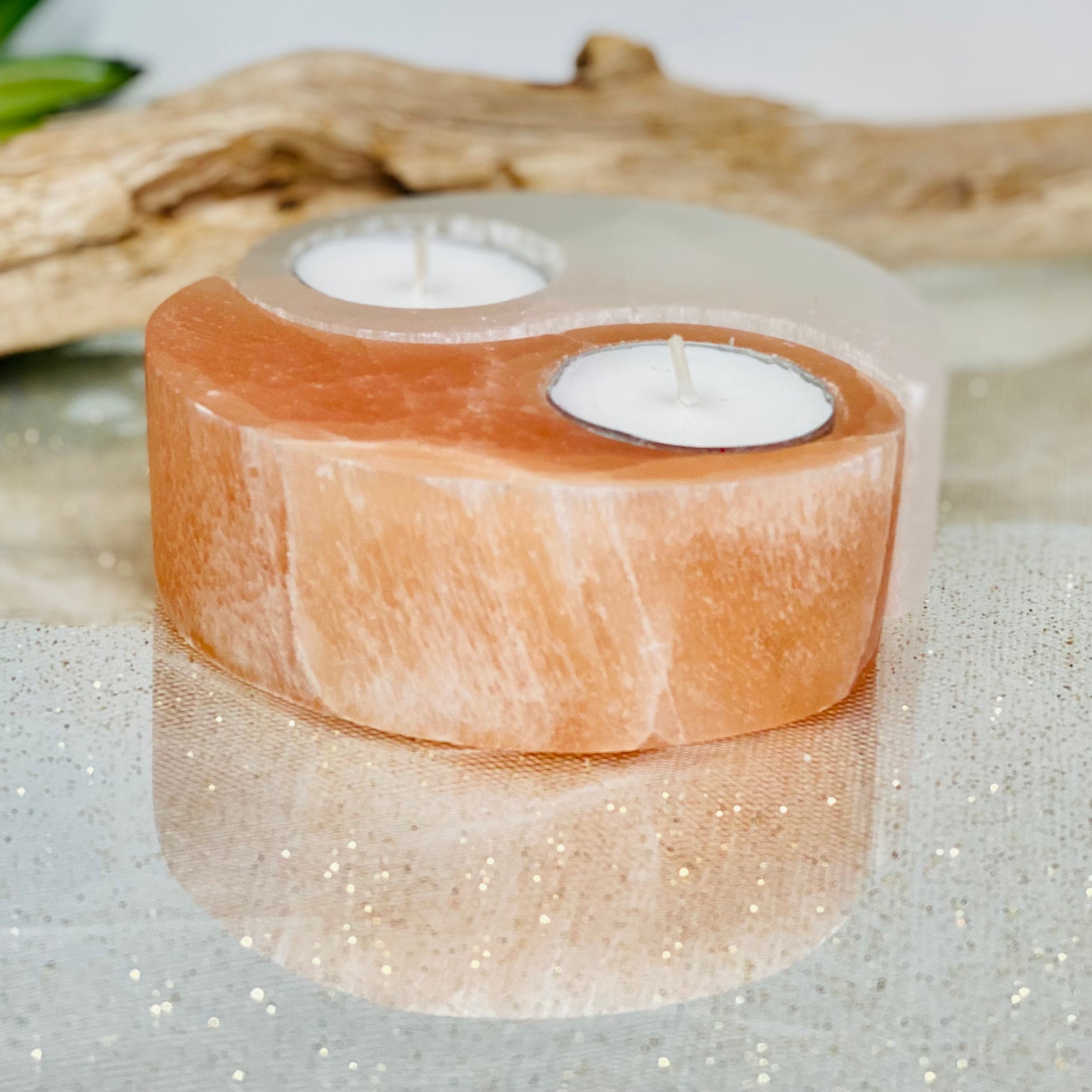 Orange & White Ying Yang Selenite Candle Holders