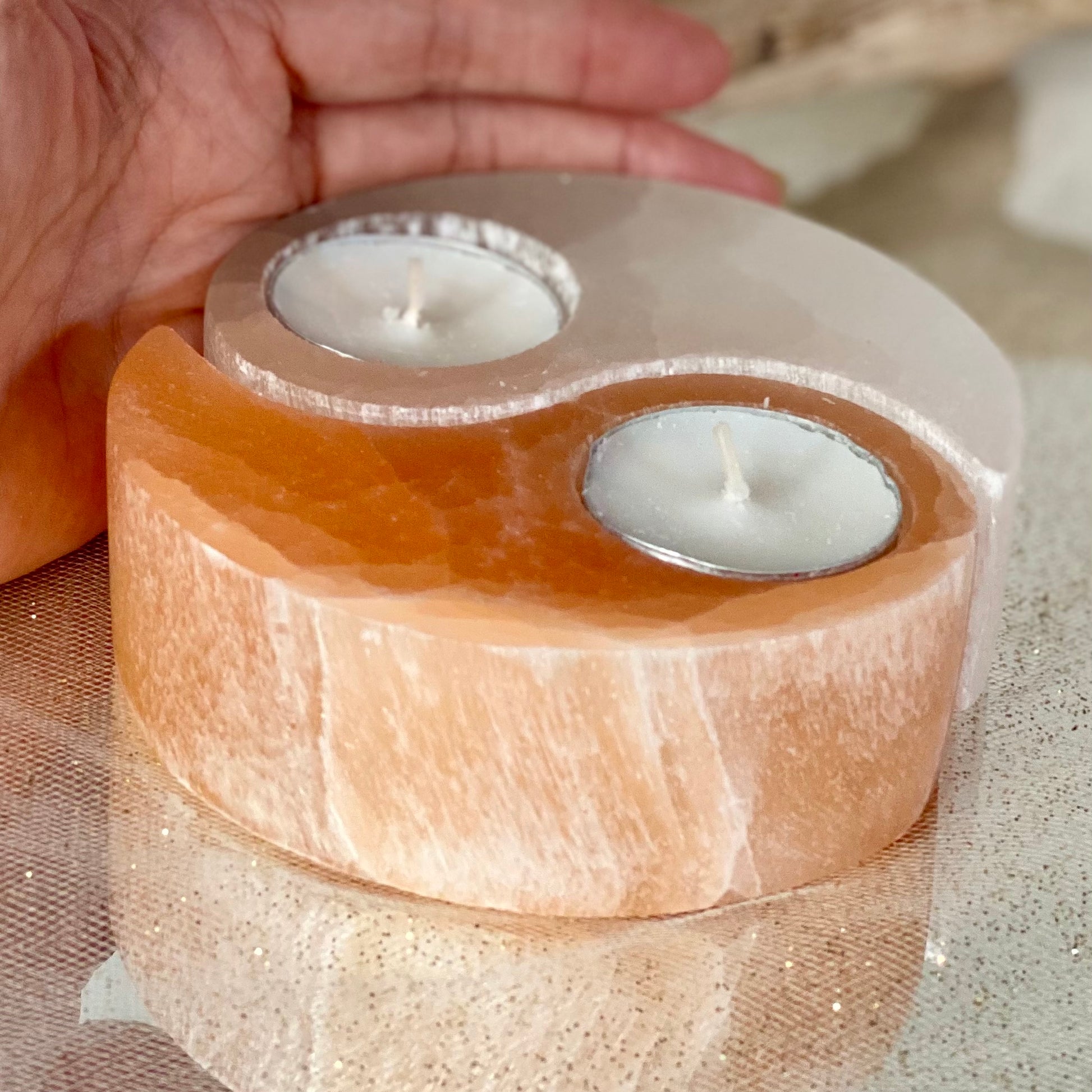 Orange & White Ying Yang Selenite Candle Holders