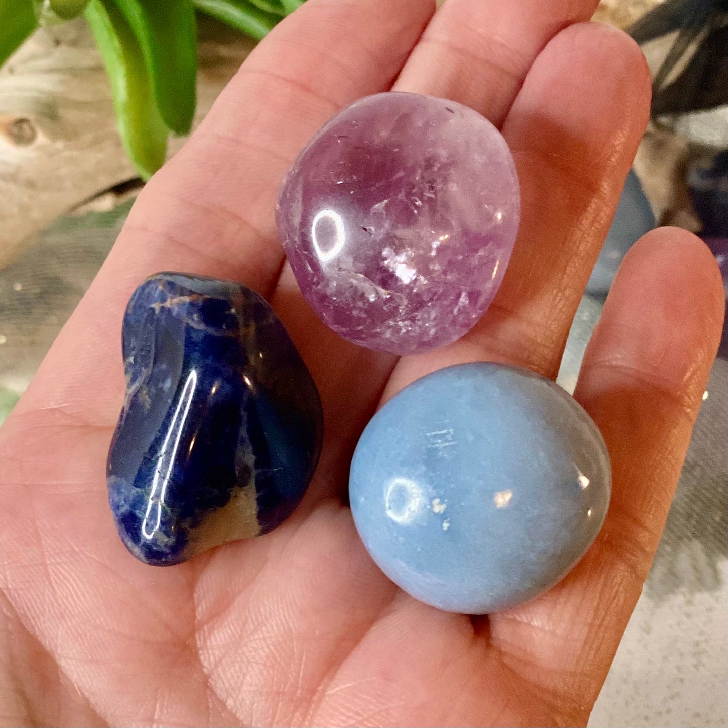 Sleep Better Crystal Trio - Angelite, Sodalite, Amethyst in hand