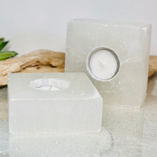 Elegant Illumination: Square Selenite Tea Candle Holders