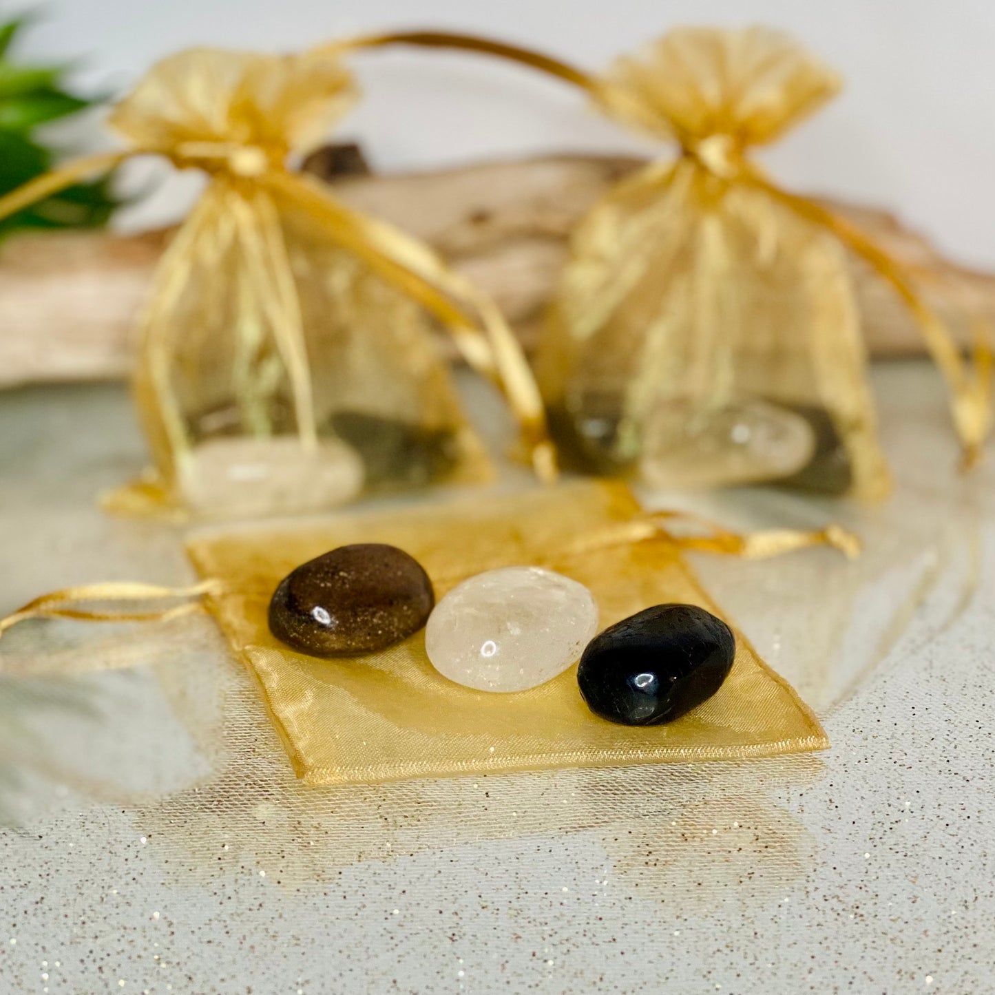Transformation Trio: Stromatolite, Nuummite & Clear Quartz Crystal Set