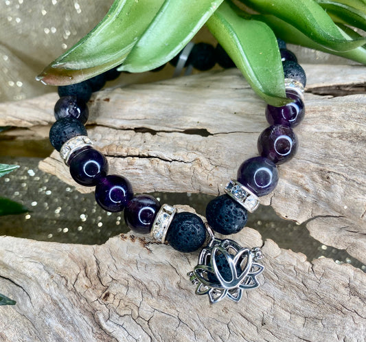 Serenity Blooms Amethyst & Lava Aromatherapy Bracelet With Lotus Flower Charm