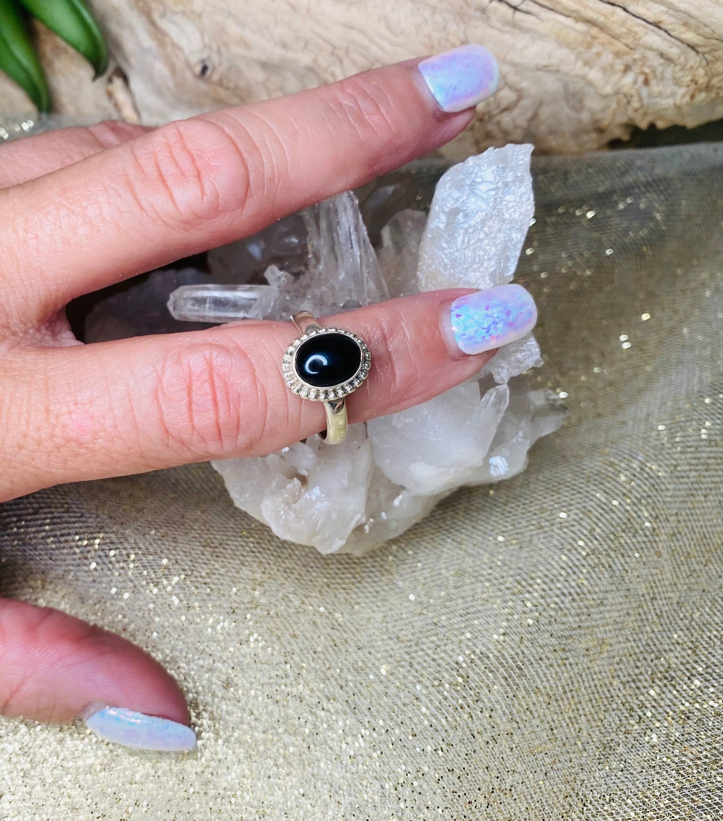Black Onyx oval ring in sterling silver