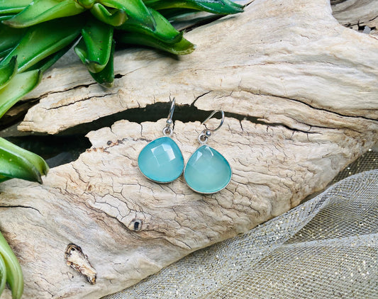 Faceted Blue Chalcedony Earrings in 925 Sterling Silver Setting