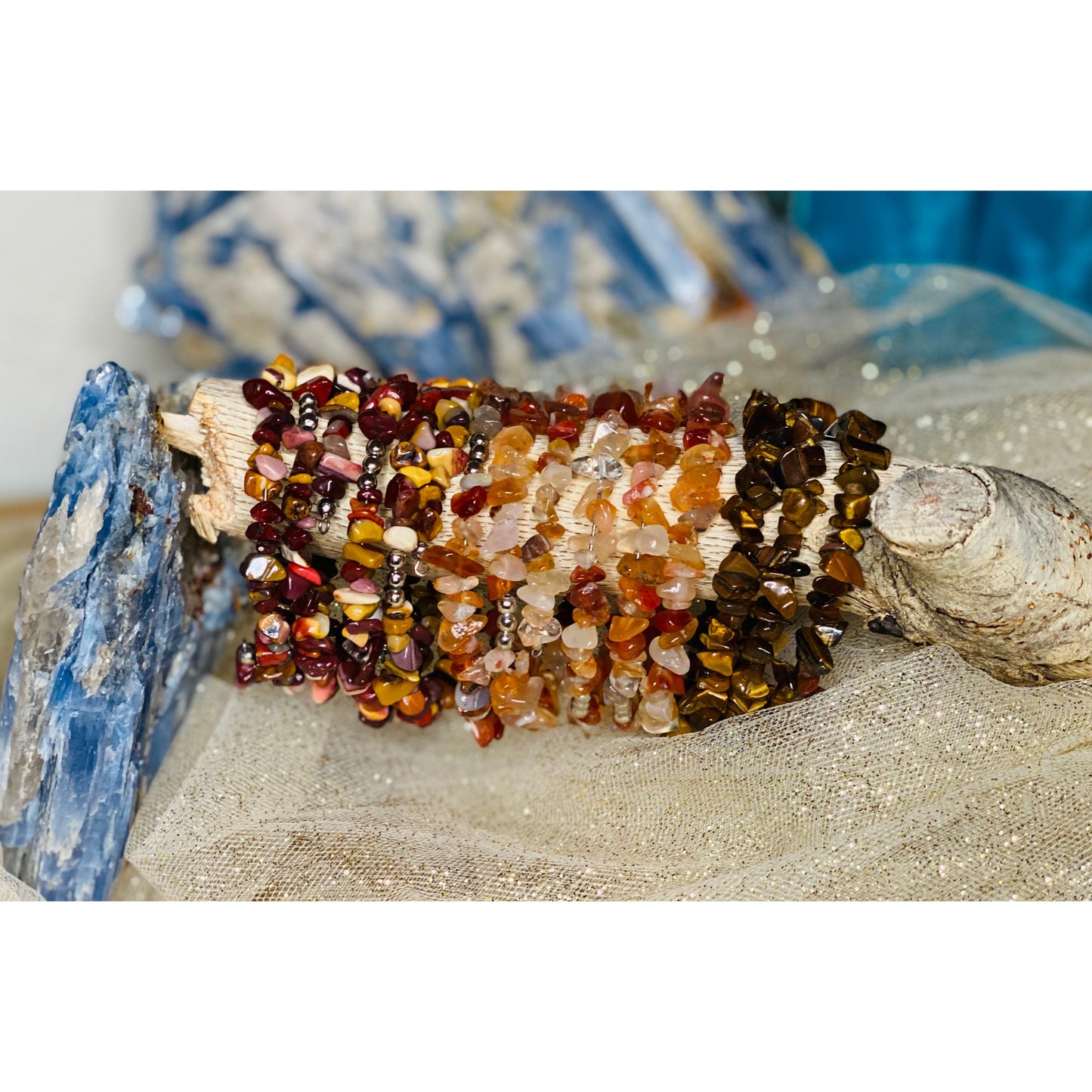 Crystal Chip Memory Bracelets for Magic with Carnelian Mookaite and Tiger Eye Crystals