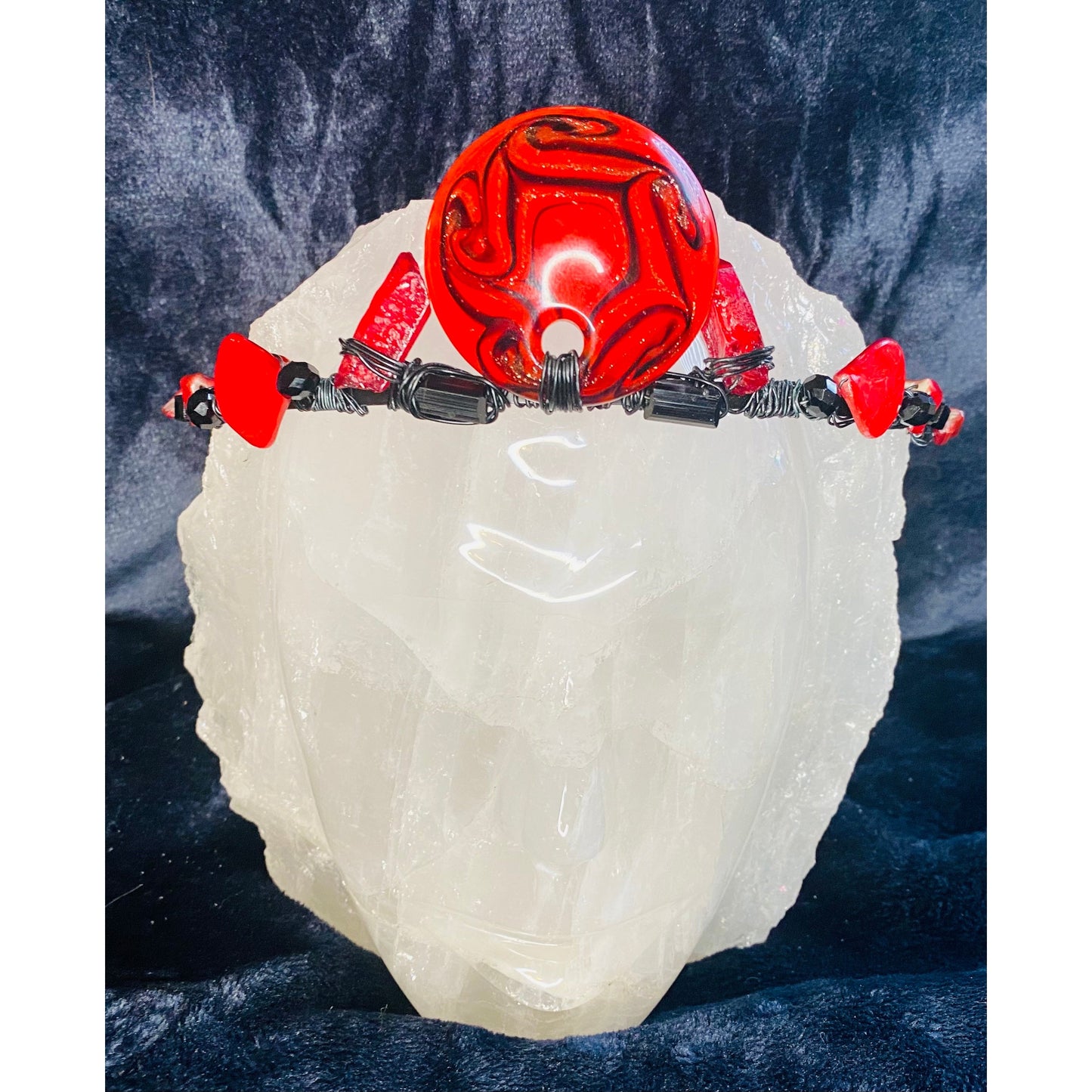 Red Medallion, Dyed Red Quartz & Black Tourmaline Priestess Crown