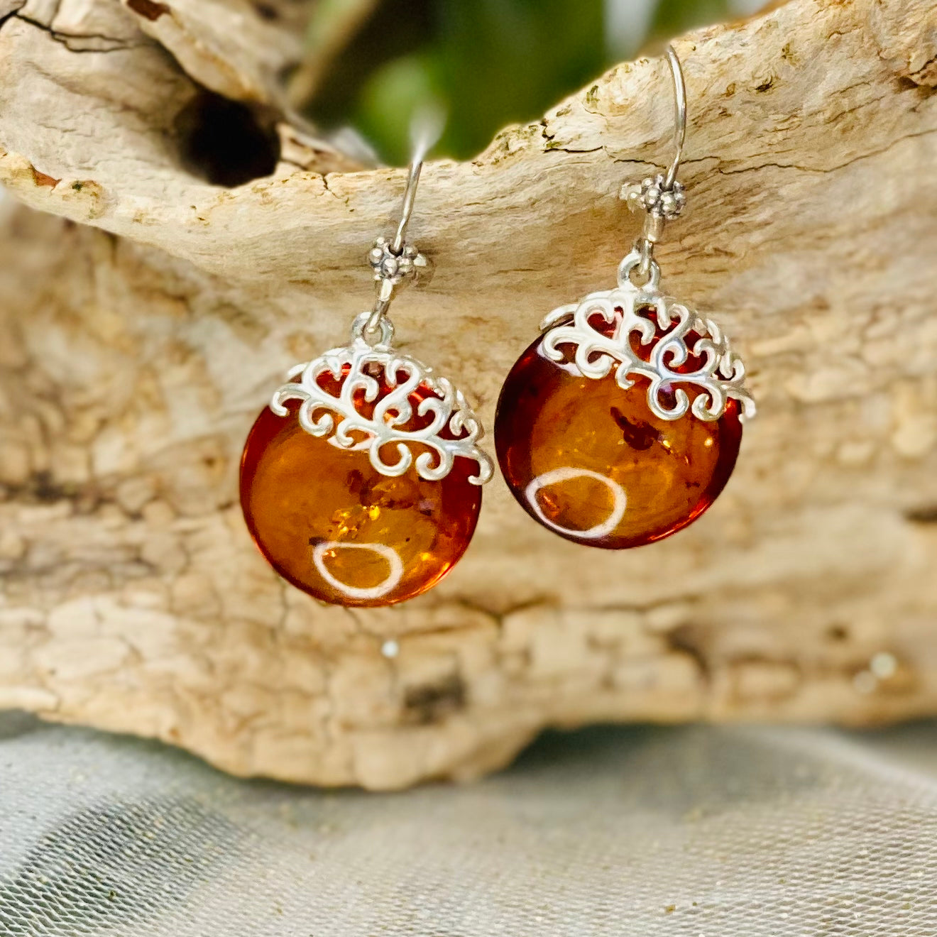 Sterling Silver Round Amber Earrings: Vitality and Grounding