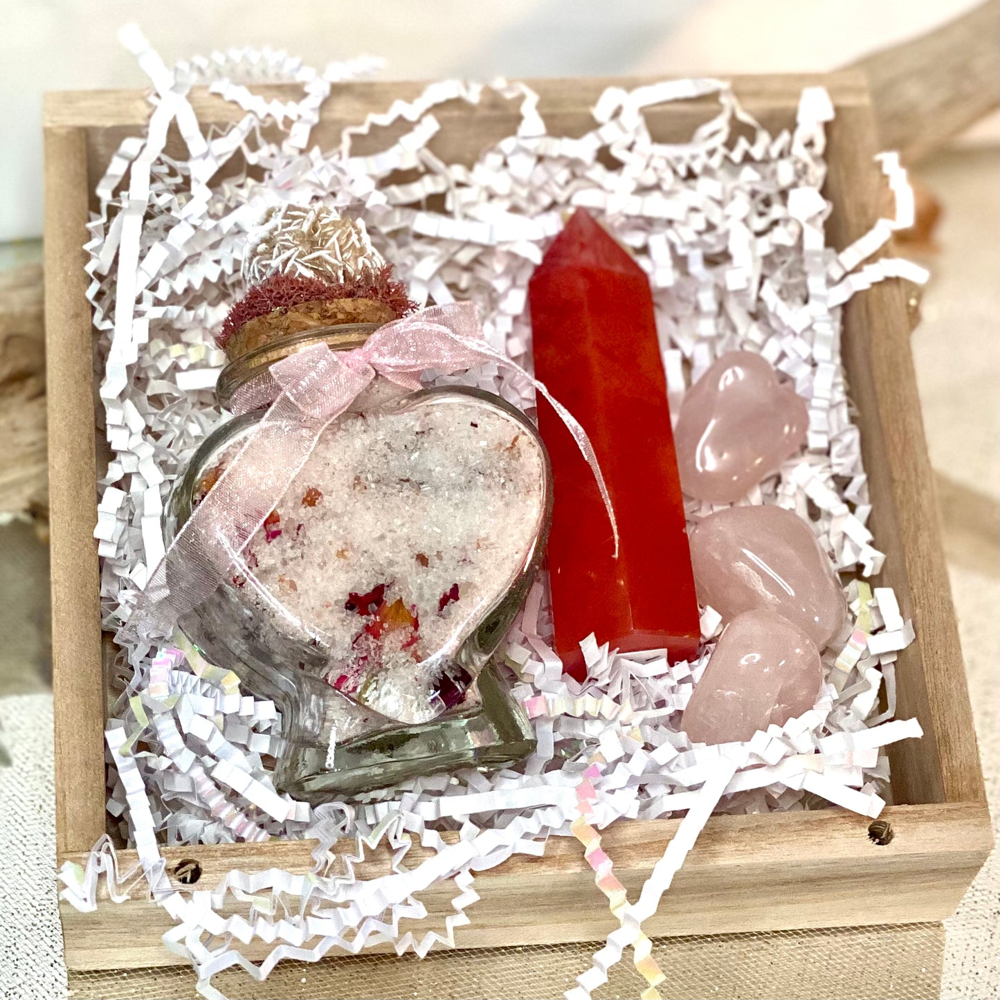 Serenity Gift Set: Custom Bath Salts with Heart-Shaped Crystal Jar, Watermelon Quartz Tower, and Rose Quartz Crystals