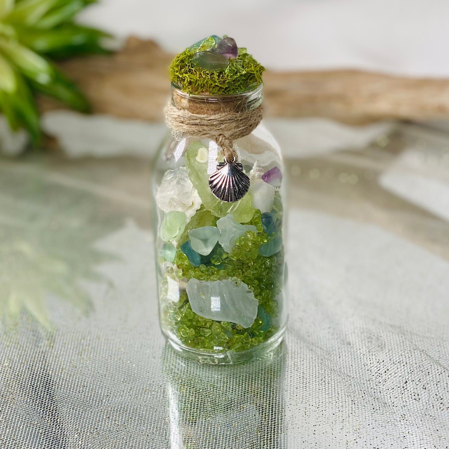 Enchanting Mini Beach Themed Bottles Filled with Seashells, Sea Glass, Quartz Point, Fluorite & Peridot Tumbled Chips | Coastal Treasure Bottles