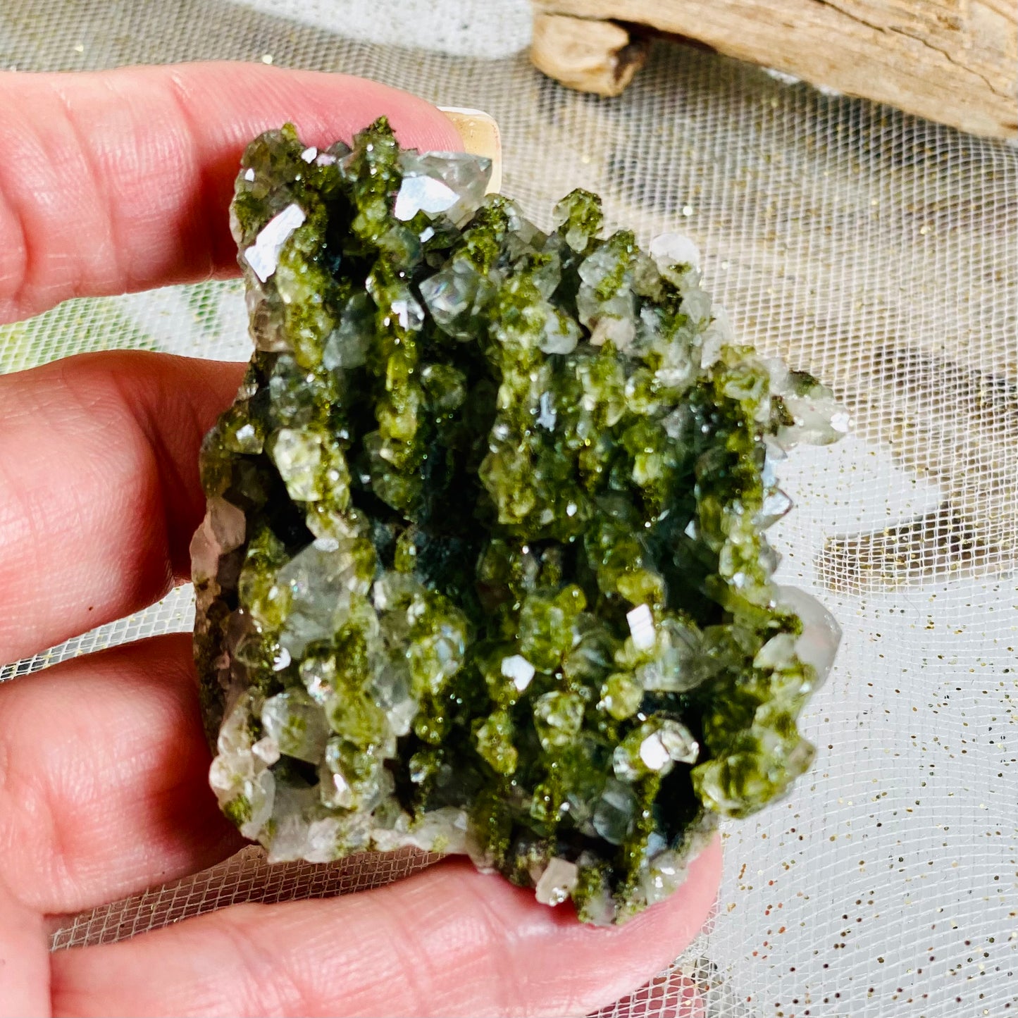 Epidote with Quartz Crystal for Healing, Growth, and Manifestation