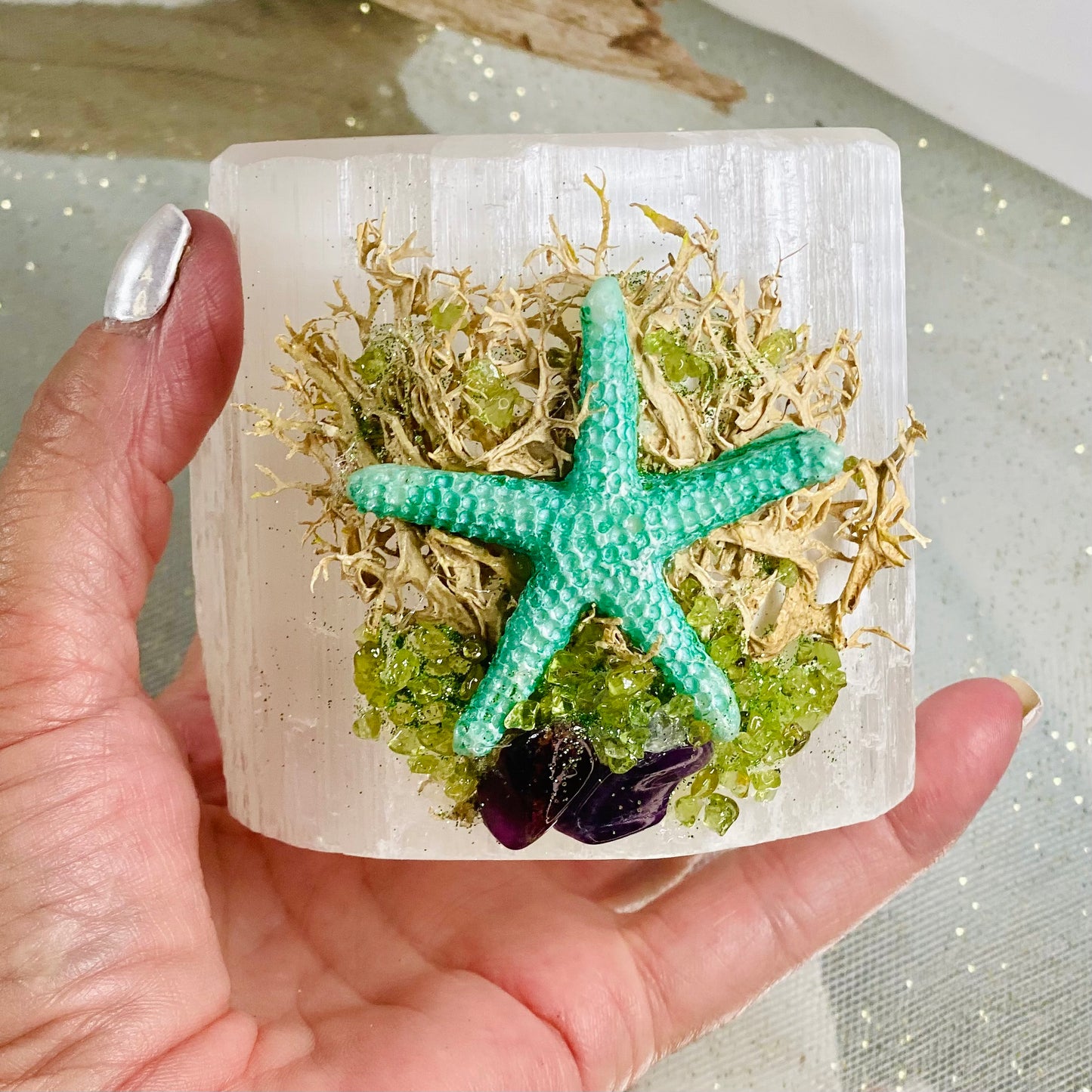 Beach-Themed Selenite Candle Holder Decorated with Fluorite & Peridot Crystal Chips and Starfish