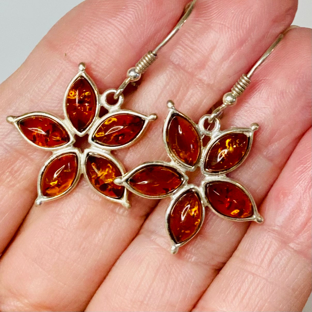 Sterling Silver Amber Flower Earrings: Blossoms of Healing Energy