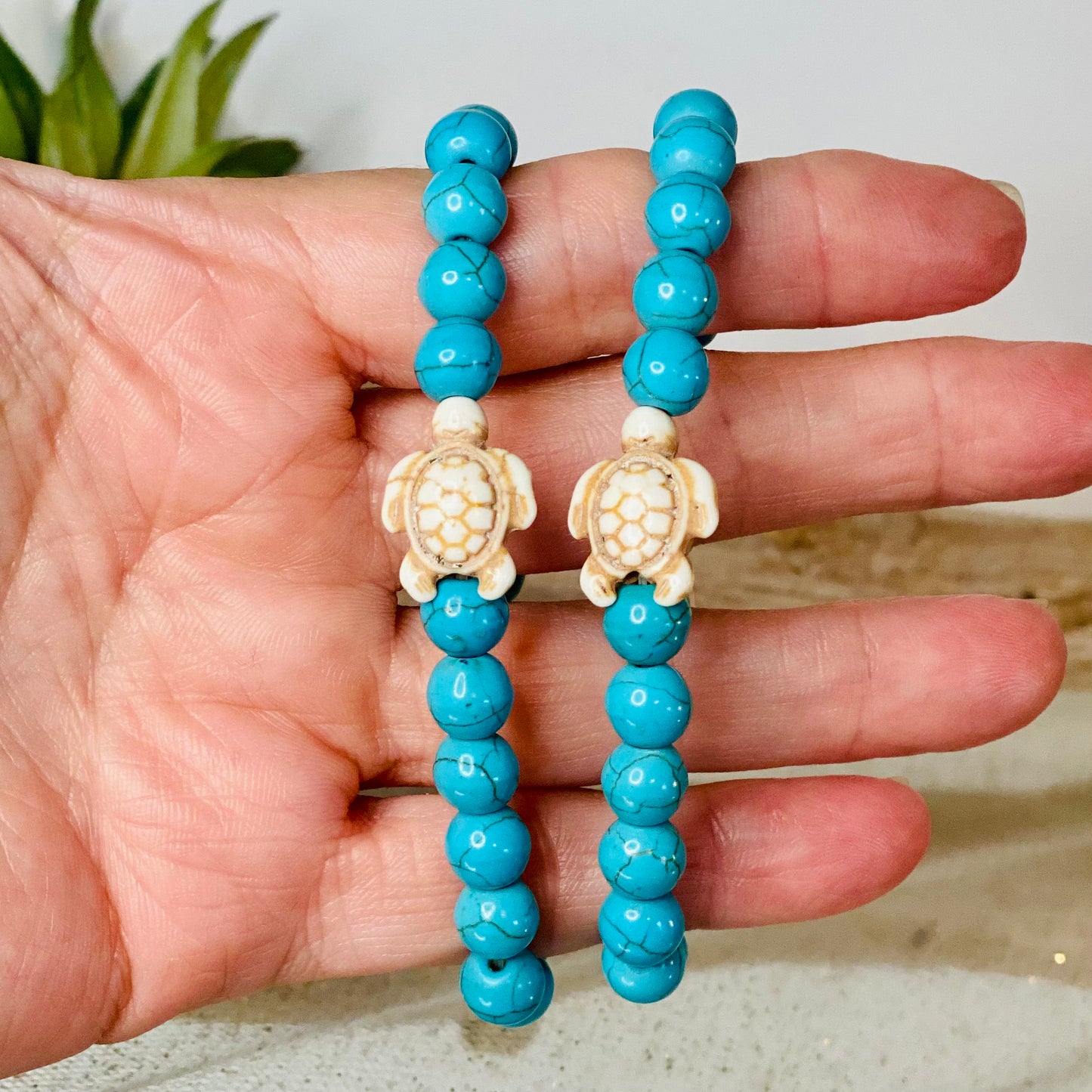 Blue Howlite or Black Bead 7-Inch Stretch Crystal Bracelet with Adorable Turtle Charm