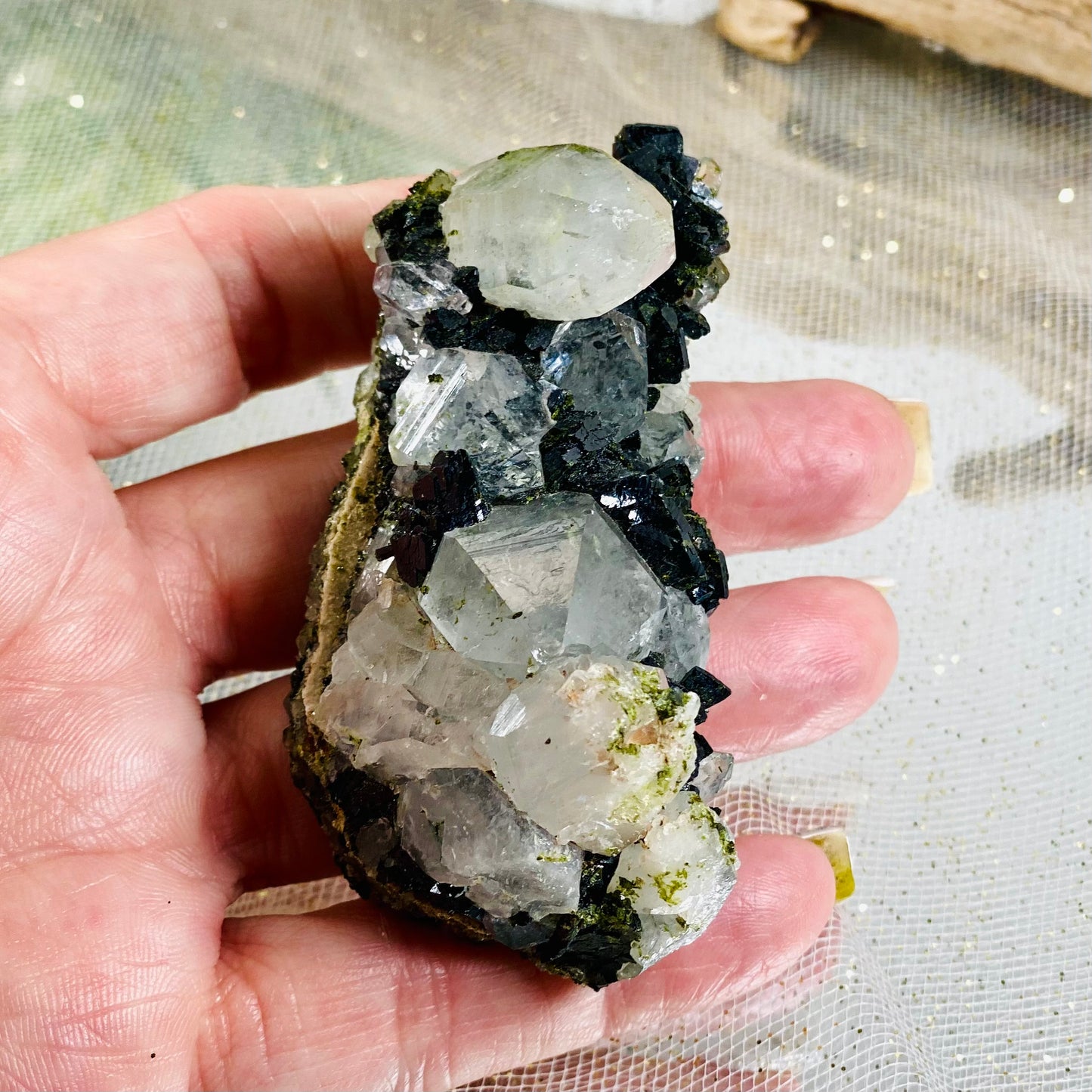 Epidote with Quartz Crystal for Healing, Growth, and Manifestation