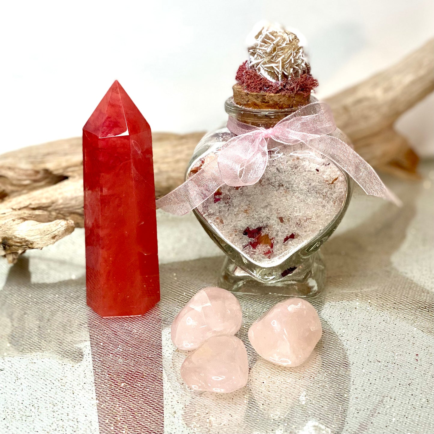 Serenity Gift Set: Custom Bath Salts with Heart-Shaped Crystal Jar, Watermelon Quartz Tower, and Rose Quartz Crystals