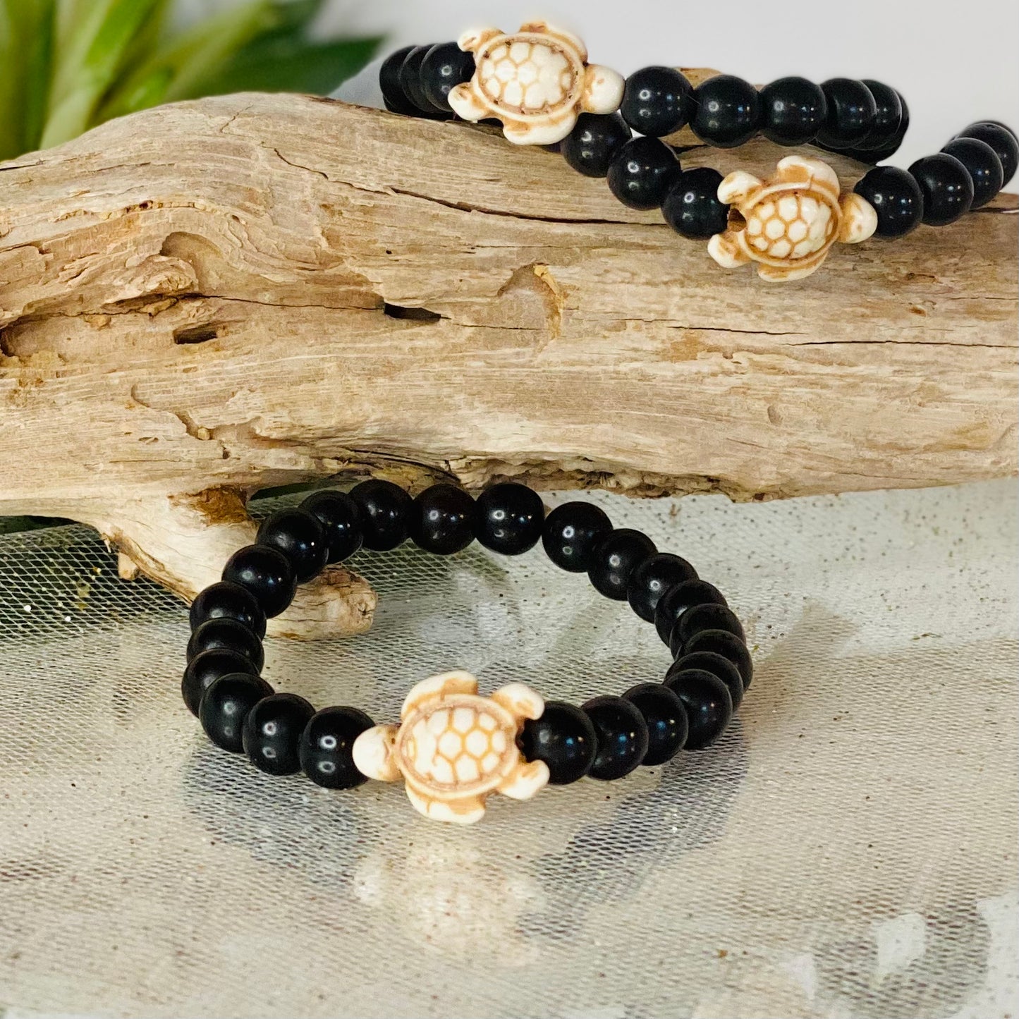 Blue Howlite or Black Bead 7-Inch Stretch Crystal Bracelet with Adorable Turtle Charm