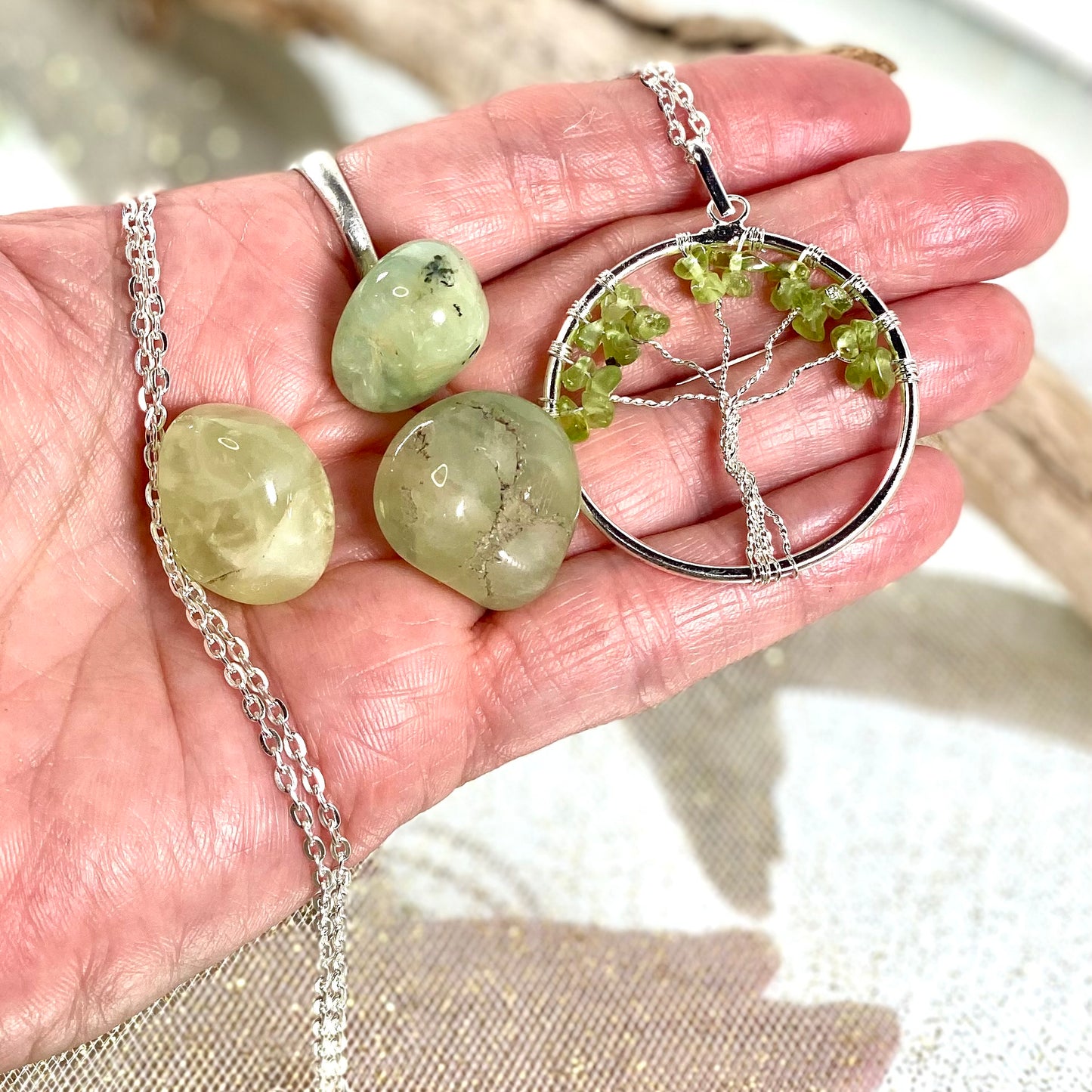 Peridot Tree of Life Necklace with Prehnite Stones & Sage Bundle - Harmony Gift Set