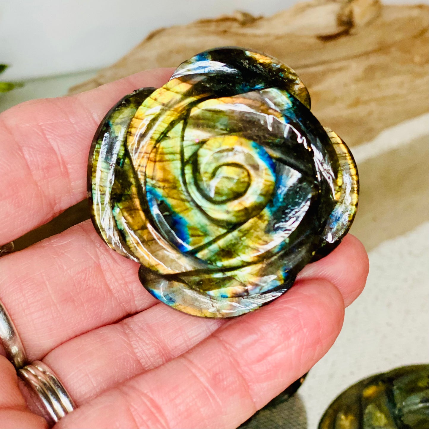 Meticulously Carved Labradorite Crystal Rose for Enhanced Intuition