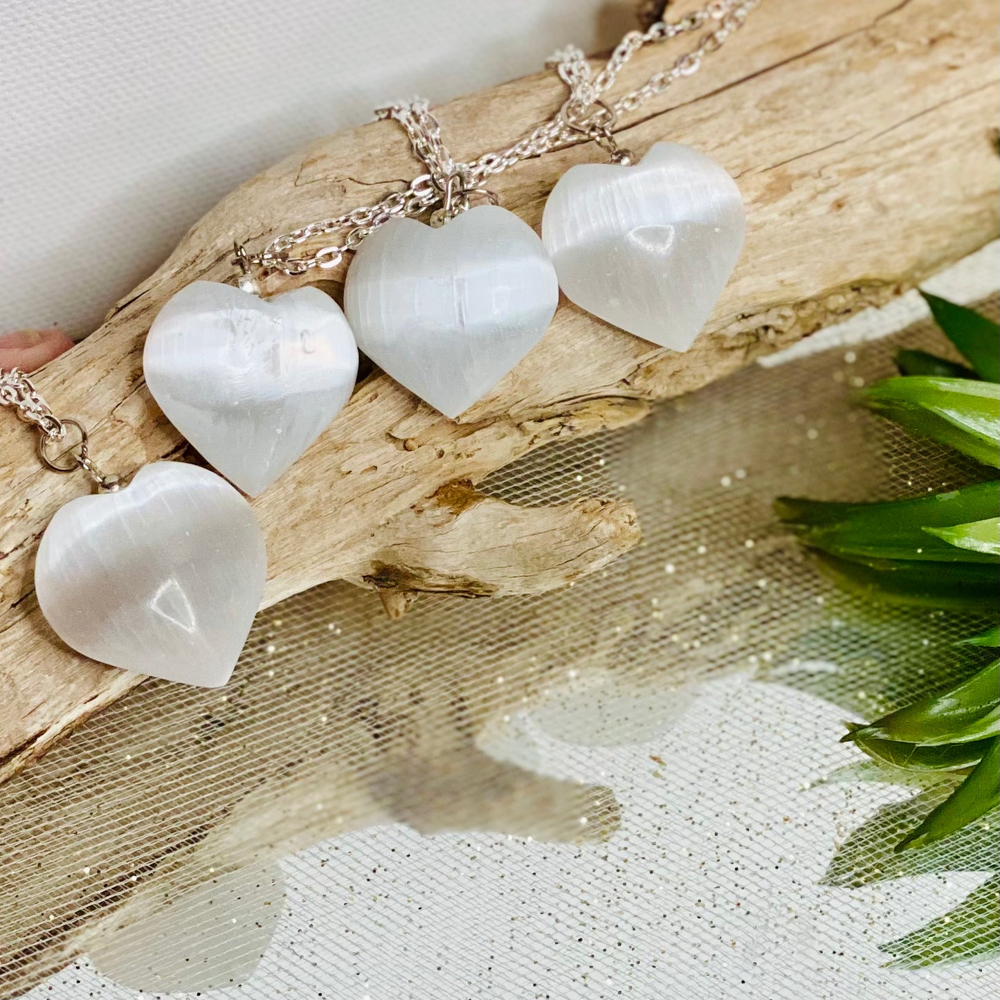 Selenite Crystal Heart Necklace with 18” Chain for Serenity and Peace