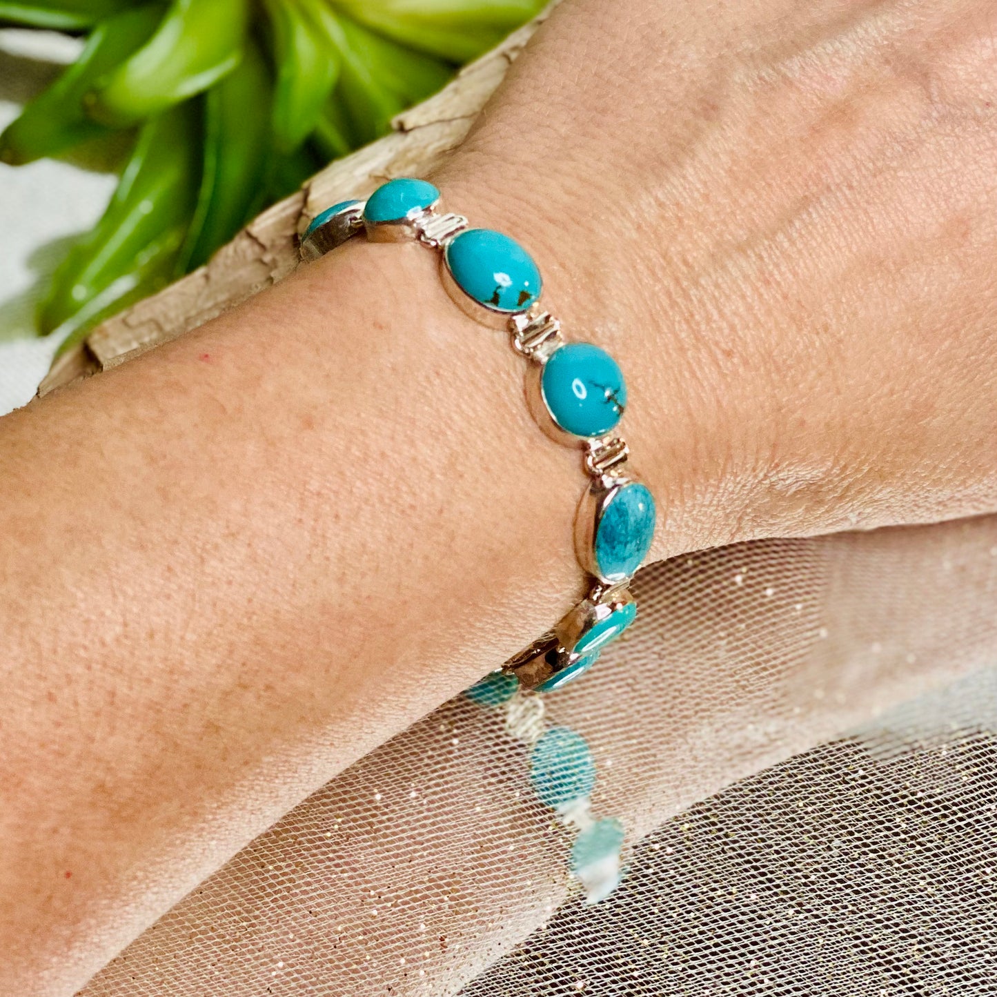Turquoise Elegance: Sterling Silver Bracelet with 9 Cabochon Stones - Adjustable Length 7 to 8 1/2 inches