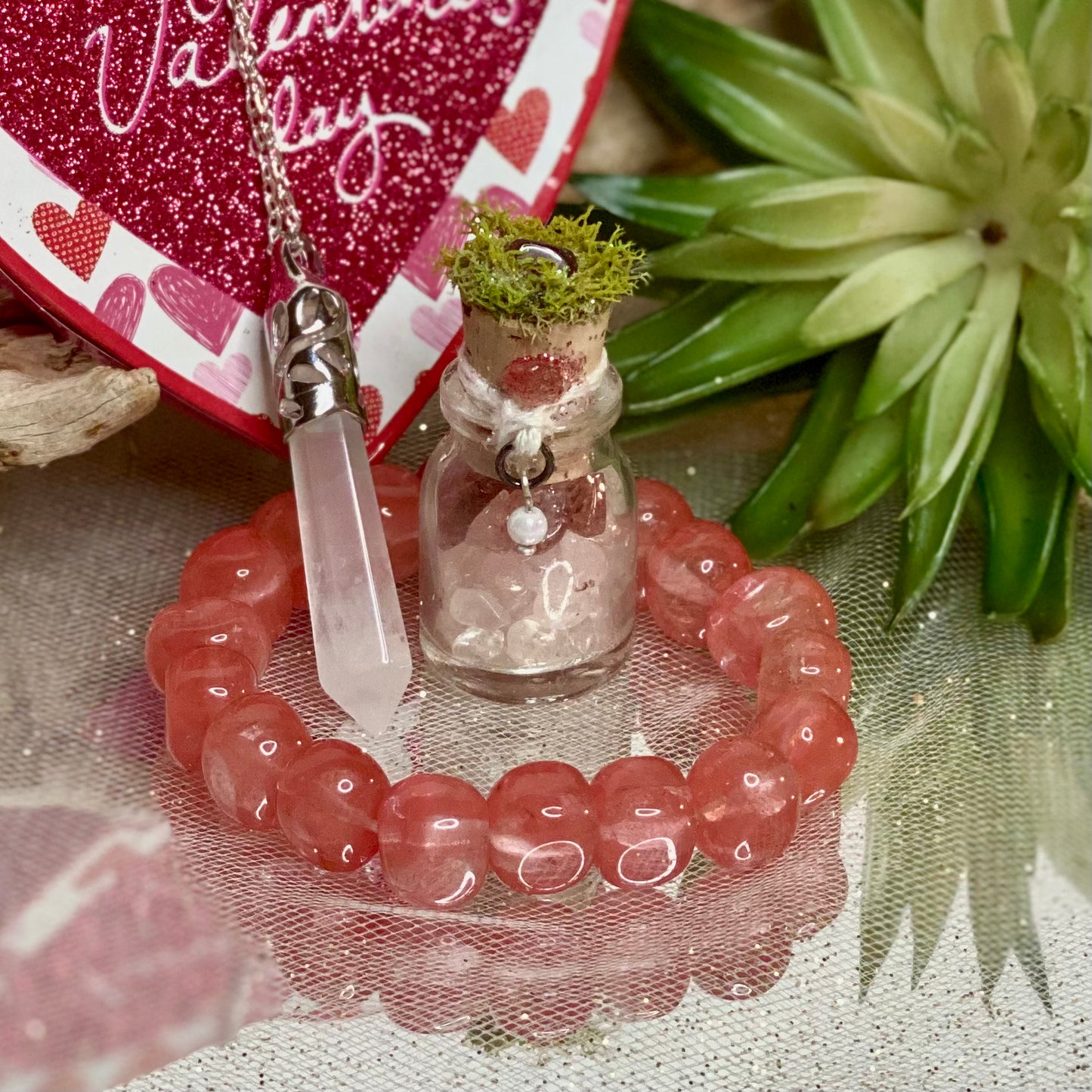 Positively Lovely Gift Set: Cherry Quartz Bracelet, Quartz Pendant, and Mini Crystal Jar