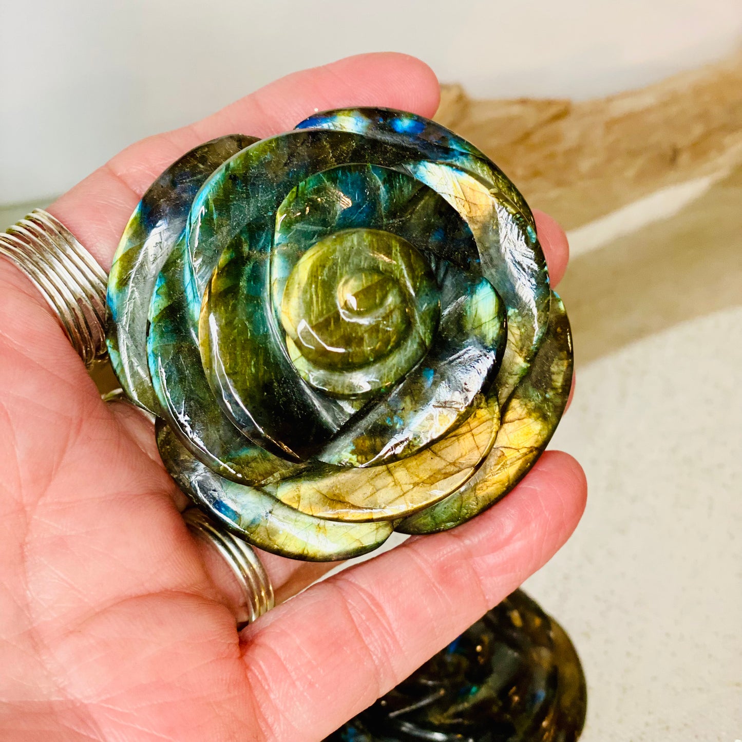 Meticulously Carved Labradorite Crystal Rose for Enhanced Intuition