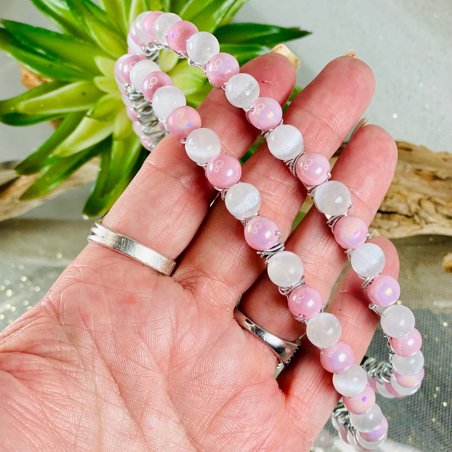 Selenite & Bubble Gum Pink Beads Headband for Healing Energy and Style