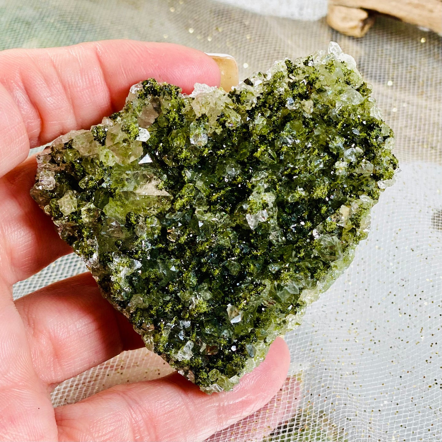 Epidote with Quartz Crystal for Healing, Growth, and Manifestation