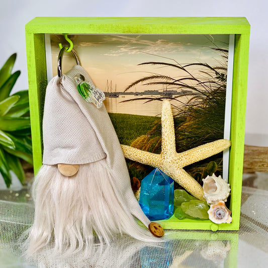 Beach-Themed Gnome Set with Healing Aqua Aura Quartz, Seaglass, Starfish, Shells, and Wood Gnome Home